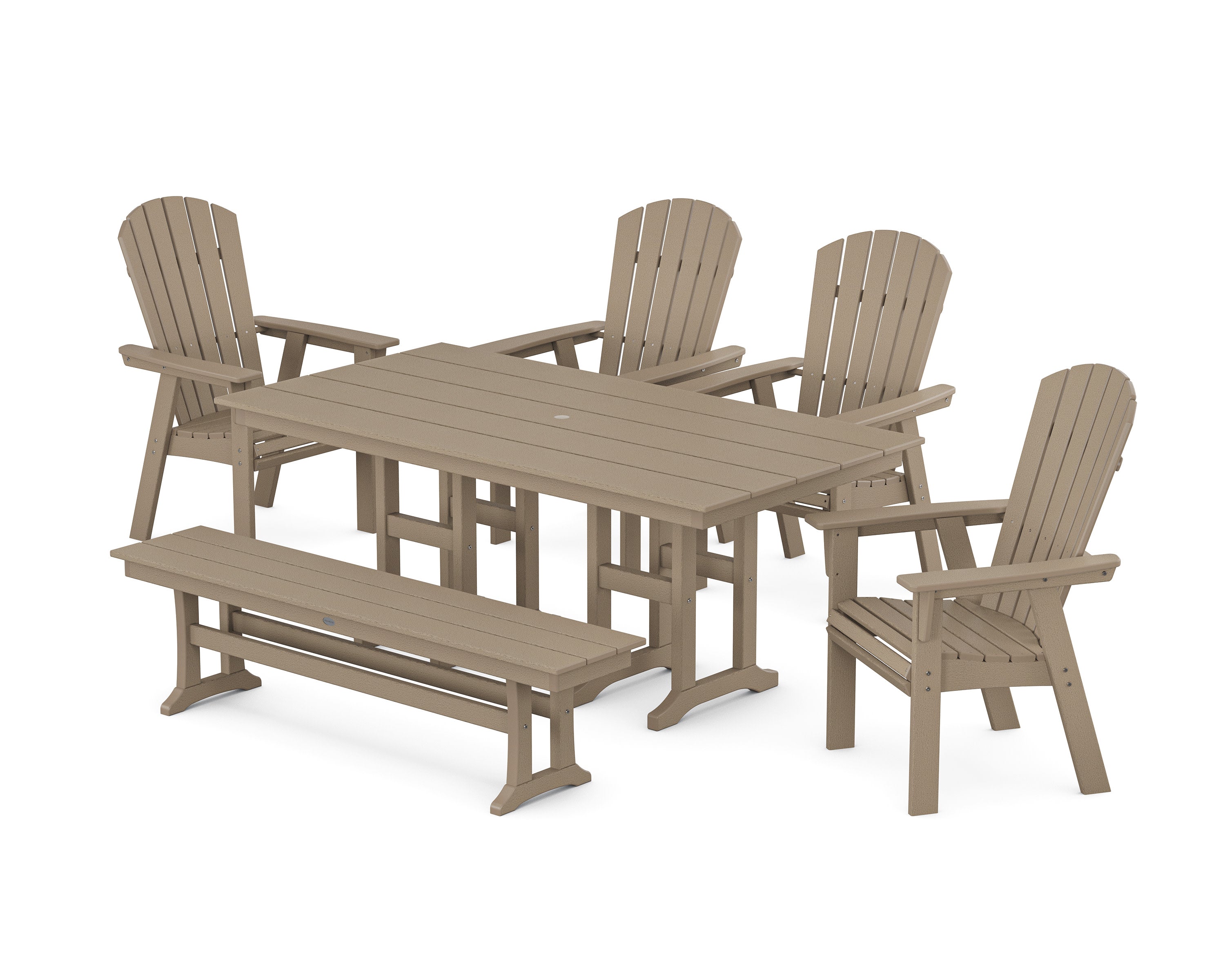 Nautical Curveback Adirondack 6-Piece Farmhouse Dining Set with Bench in Vintage Sahara