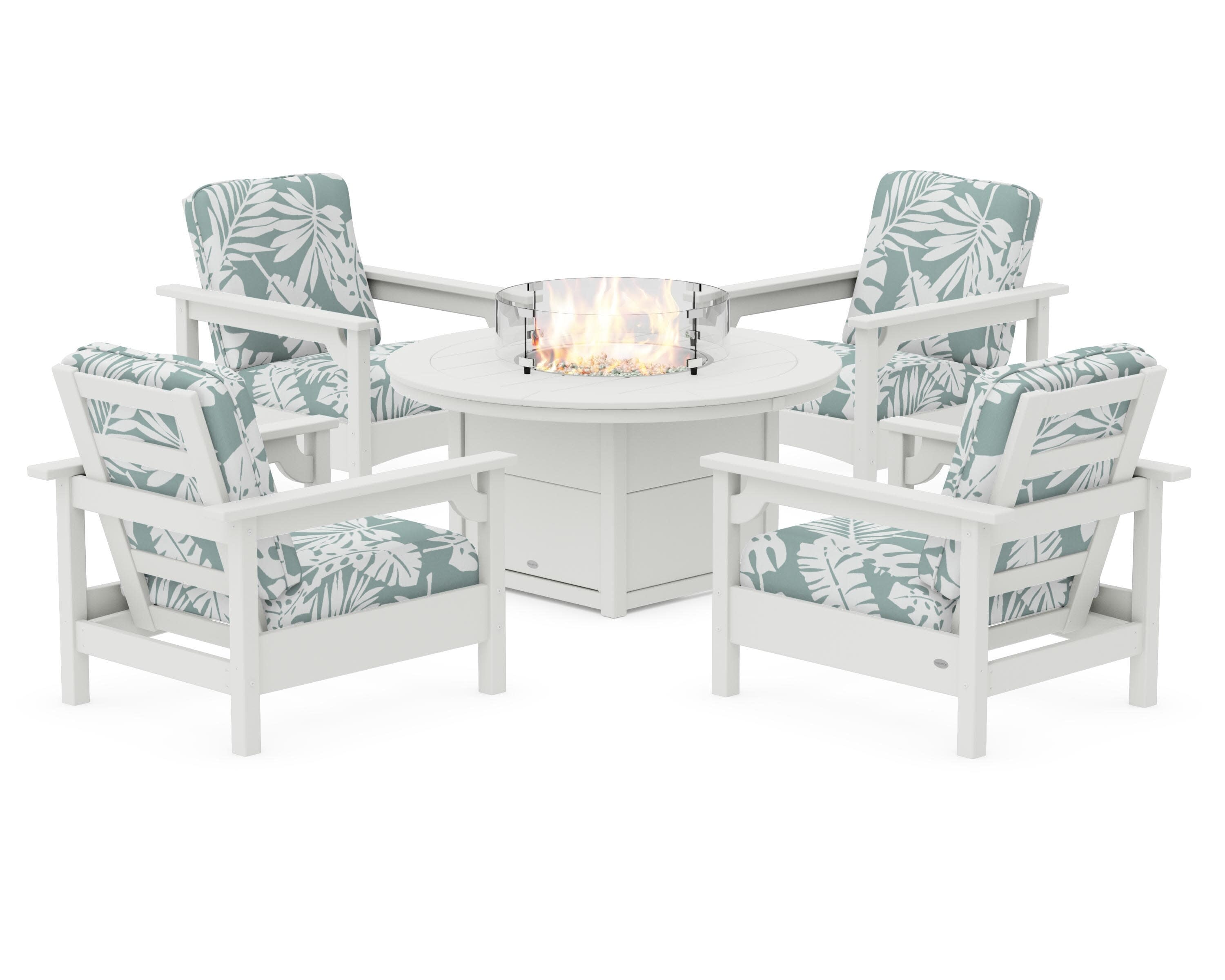Club 5-Piece Conversation Set with Fire Pit Table in Vintage White / Leaf Glacier Spa