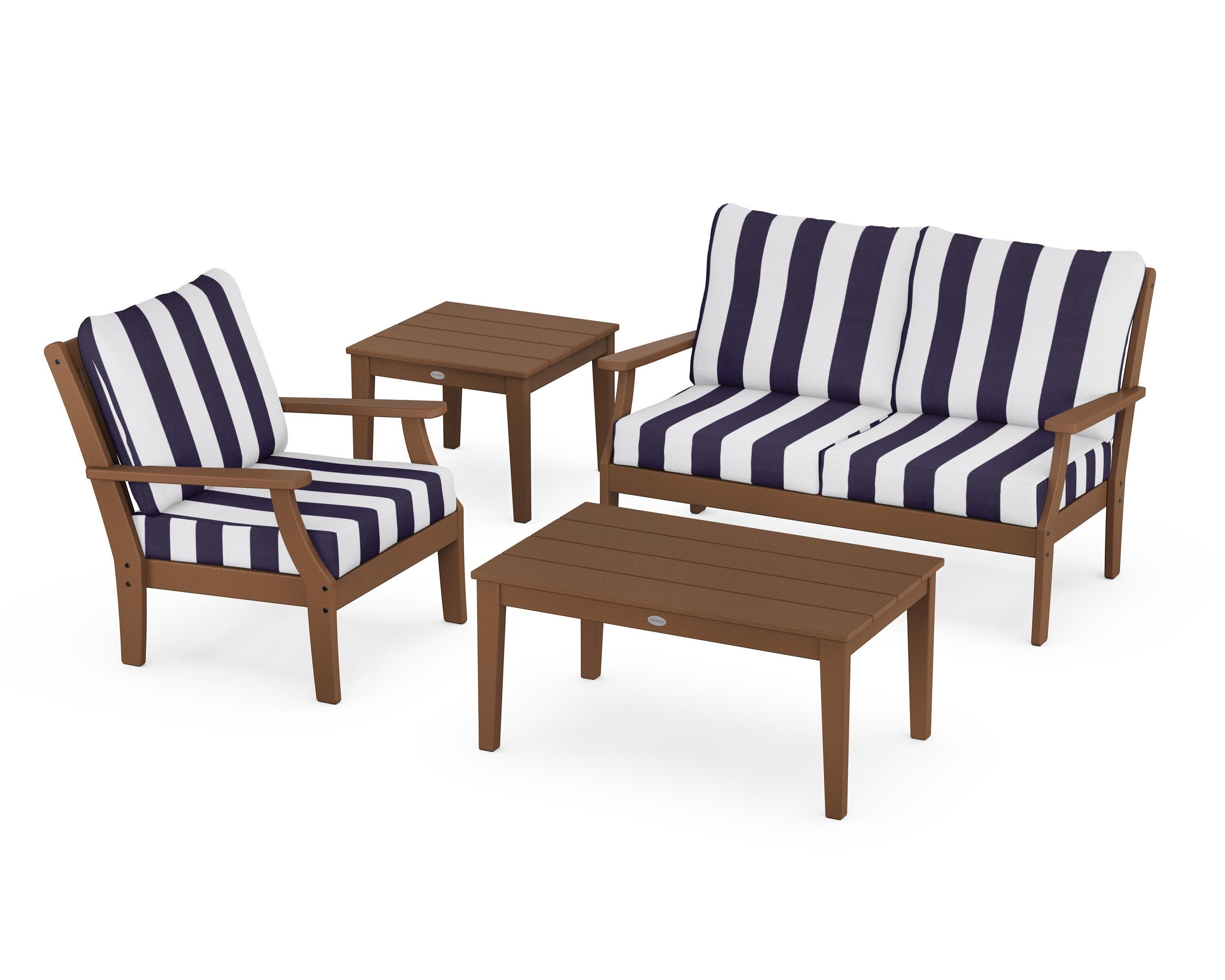 Braxton 4-Piece Deep Seating Set in Teak / Cabana Stripe Navy