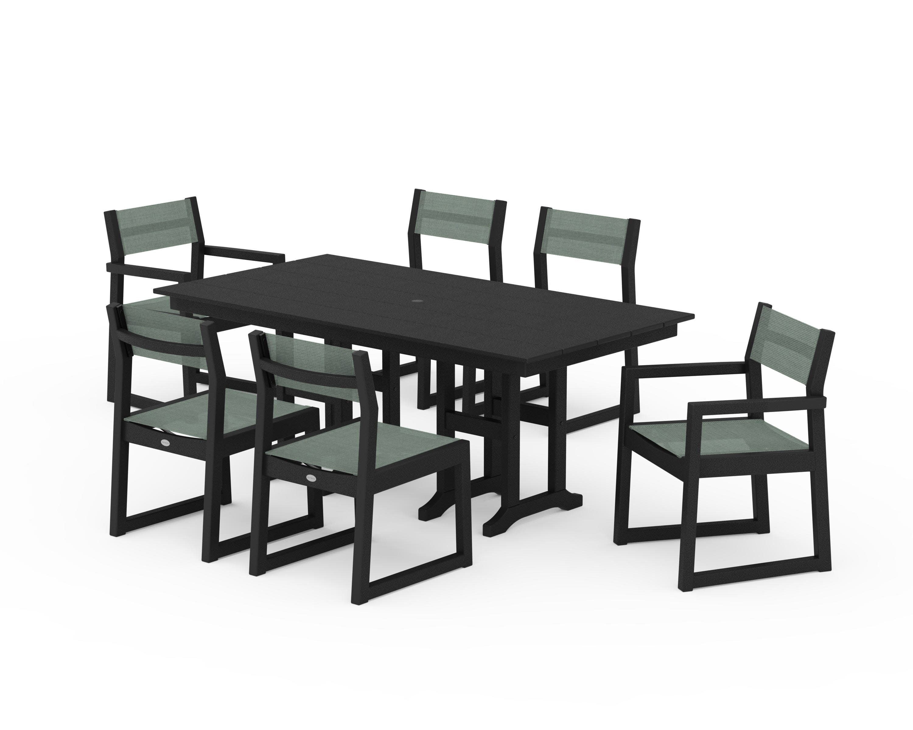 EDGE Sling 7-Piece Farmhouse Dining Set in Black / Dupioni Sea Mist Sling