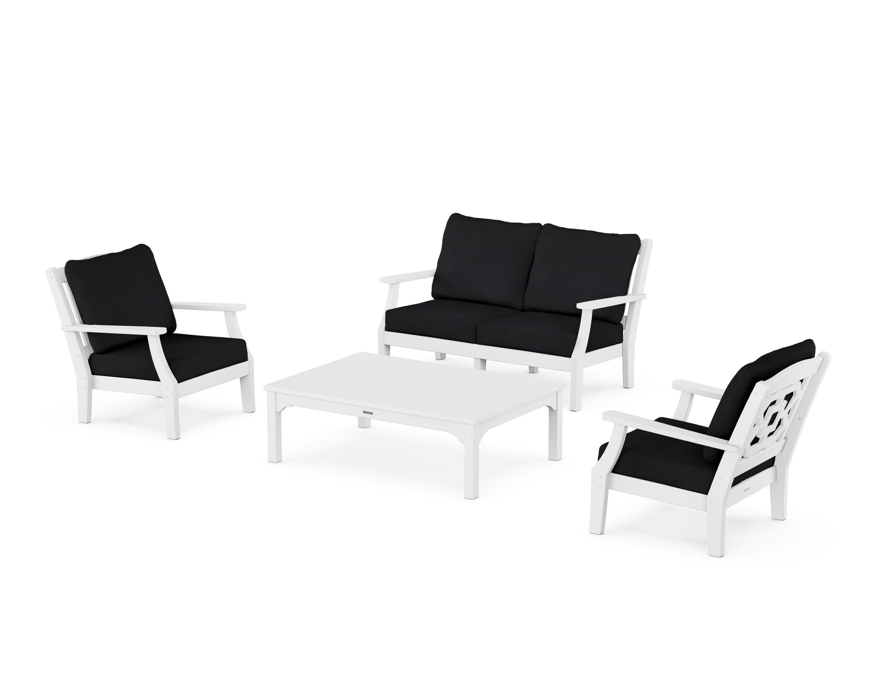 Chinoiserie 4-Piece Deep Seating Set with Loveseat in White / Midnight Linen