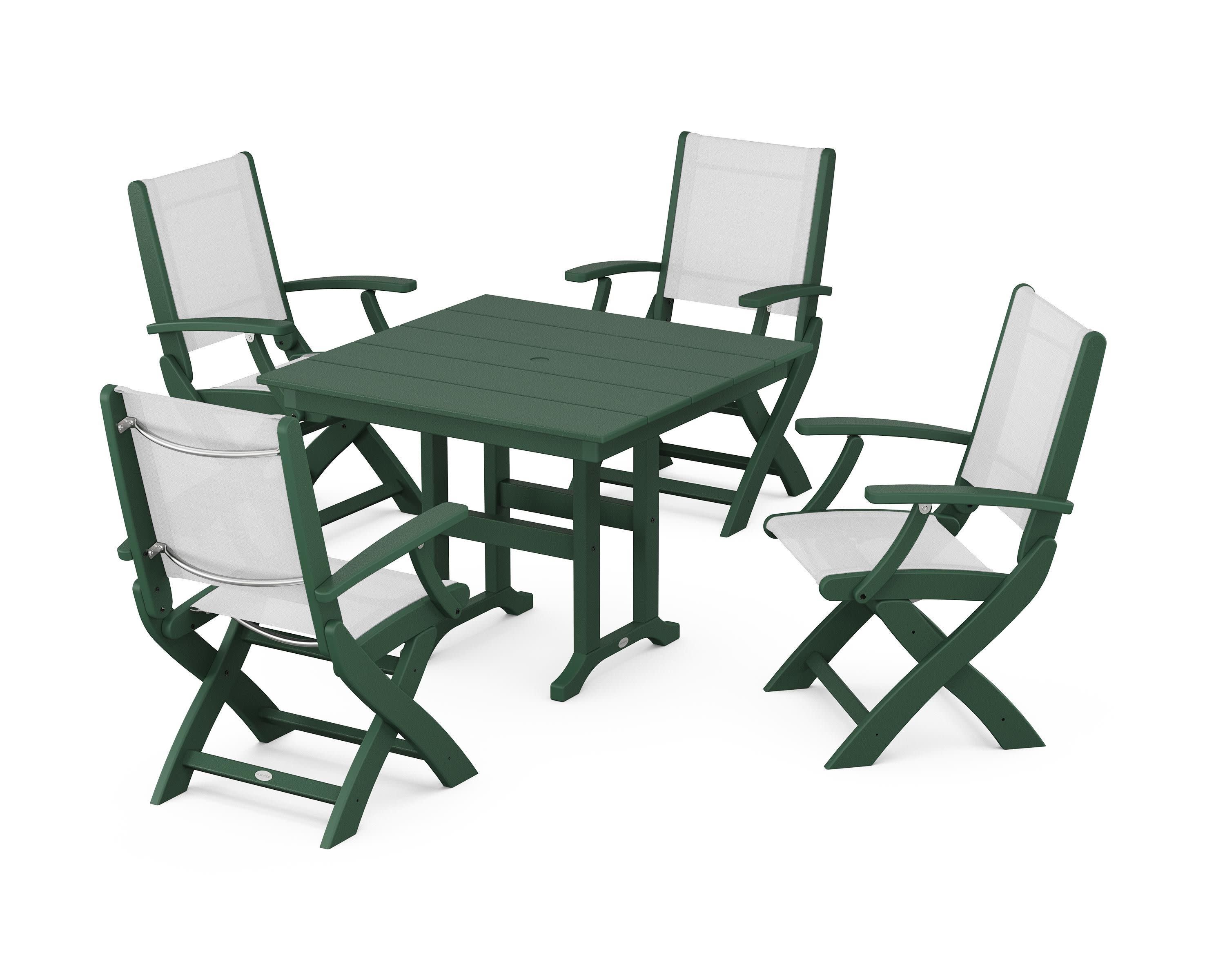Coastal Folding Chair 5-Piece Farmhouse Dining Set in Green / White Sling
