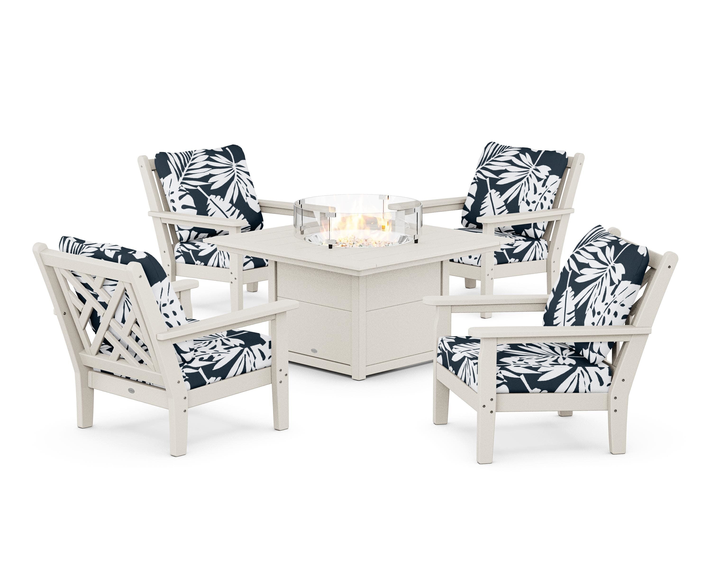 Chippendale 5-Piece Deep Seating Set with Fire Pit Table in Sand / Leaf Marine Indigo
