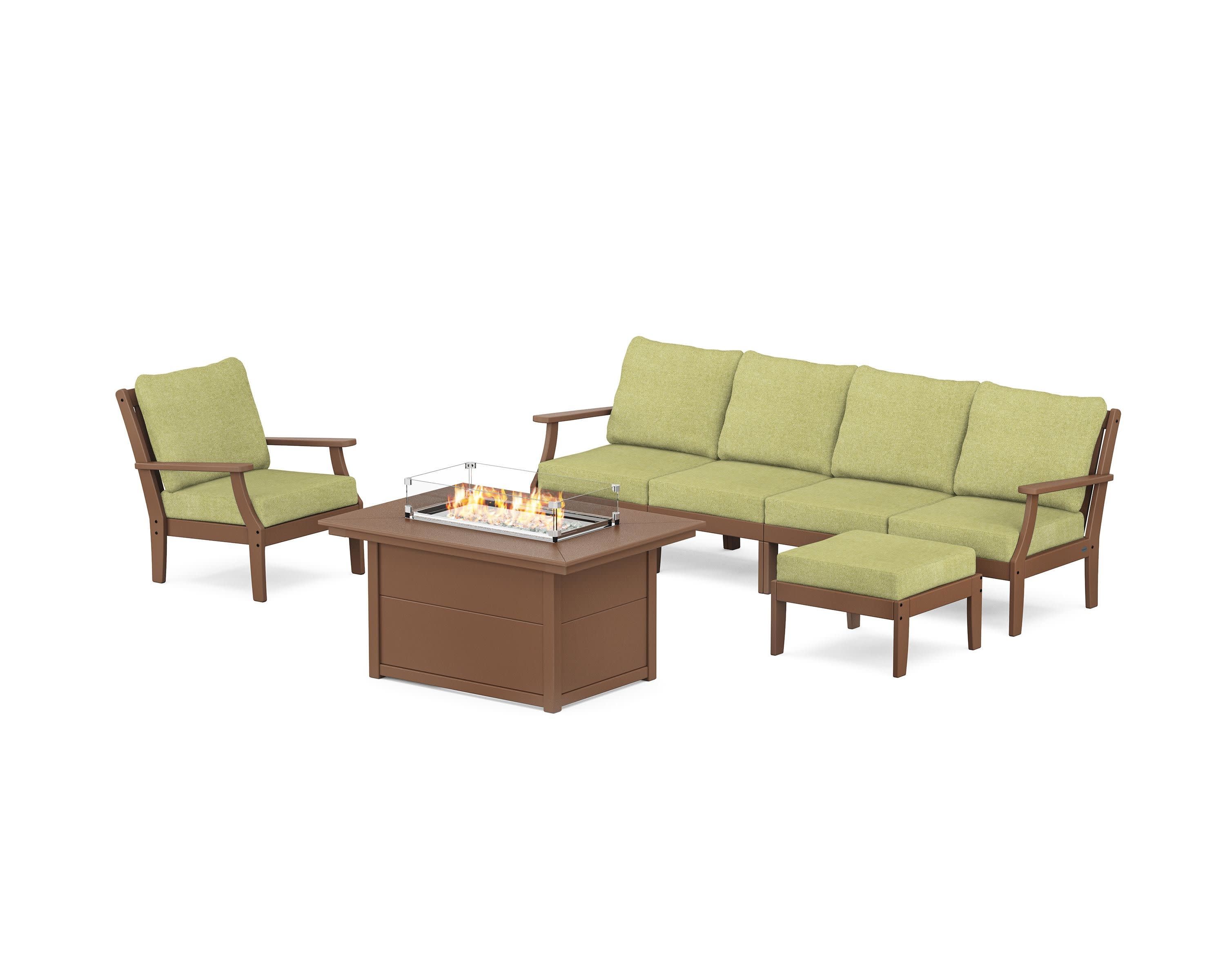 Braxton Sectional Lounge and Fire Pit Set in Teak / Chartreuse Boucle