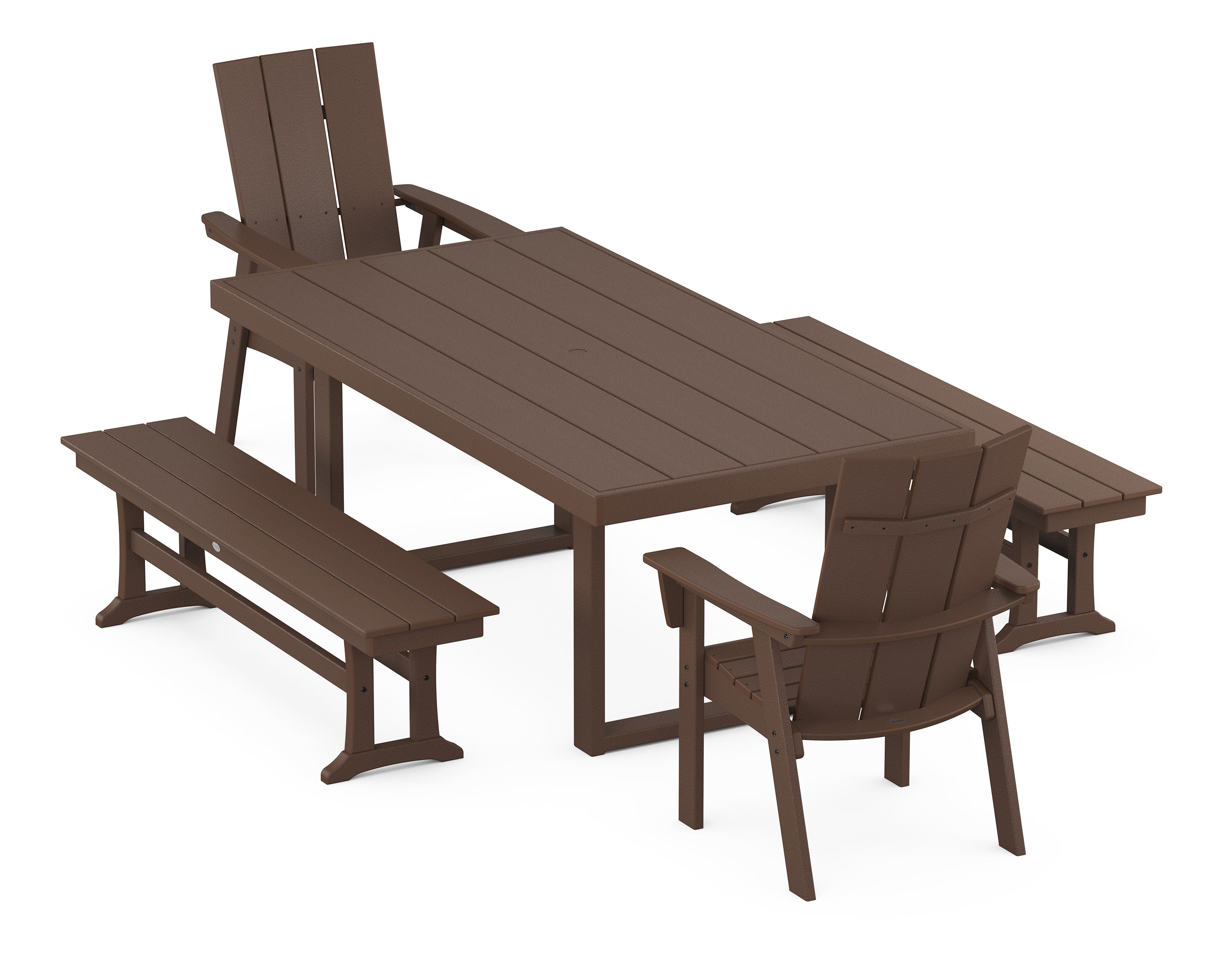 Modern Curveback Adirondack 5-Piece Dining Set with Benches in Mahogany