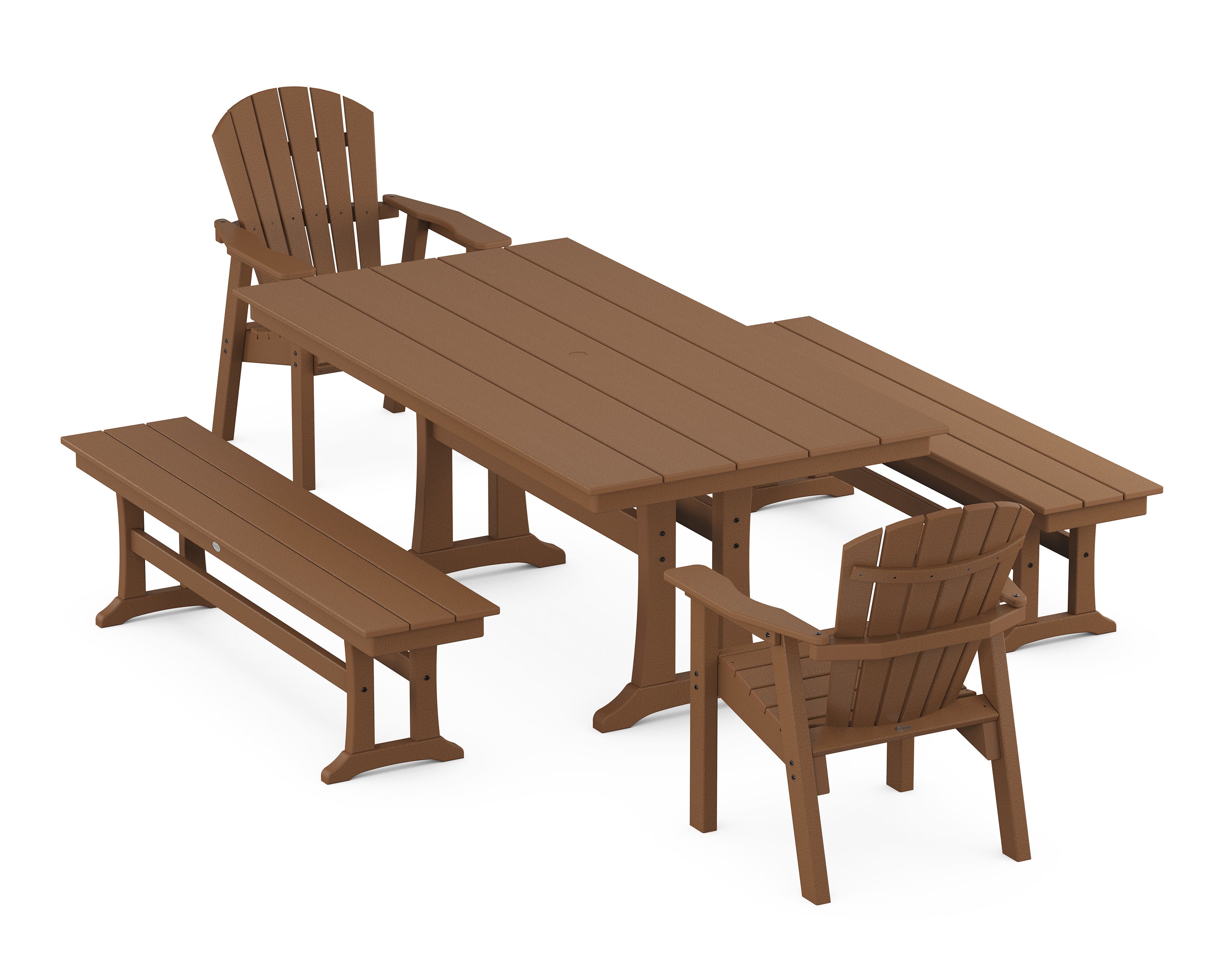 Seashell 5-Piece Farmhouse Dining Set With Trestle Legs in Teak
