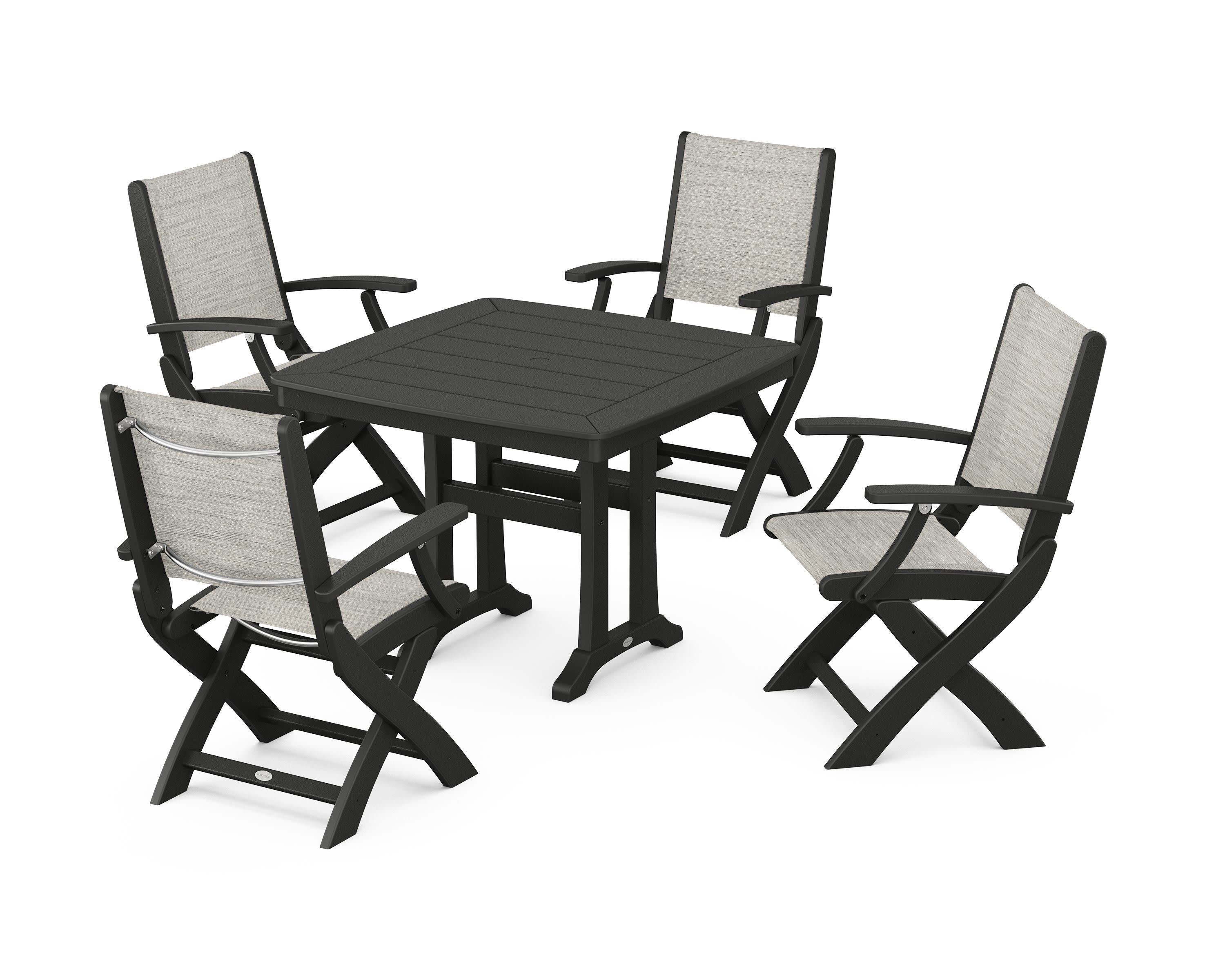Coastal Folding Chair 5-Piece Dining Set with Trestle Legs in Black / Birch Sling