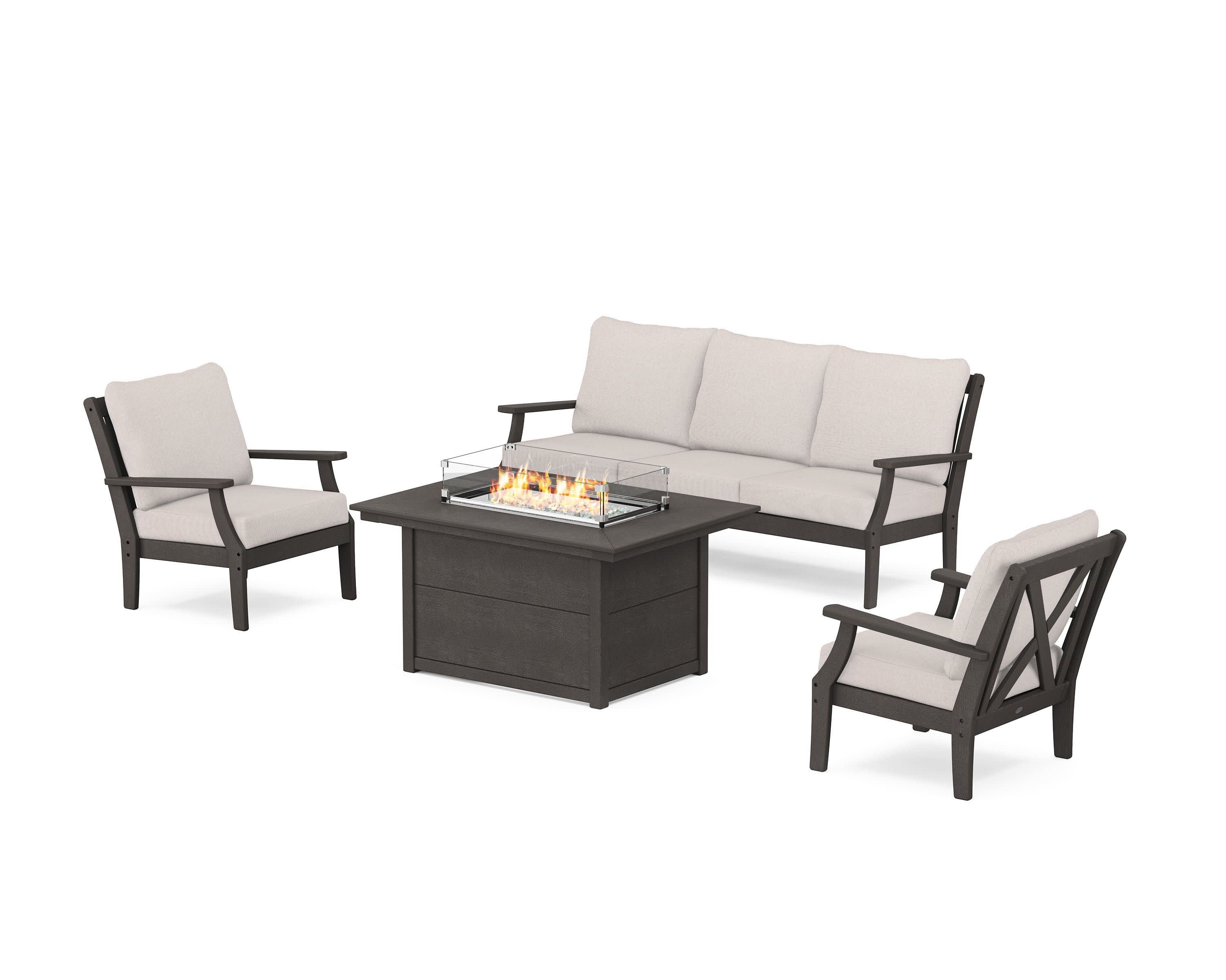 Braxton Deep Seating Fire Pit Table Set in Vintage Coffee / Dune Burlap
