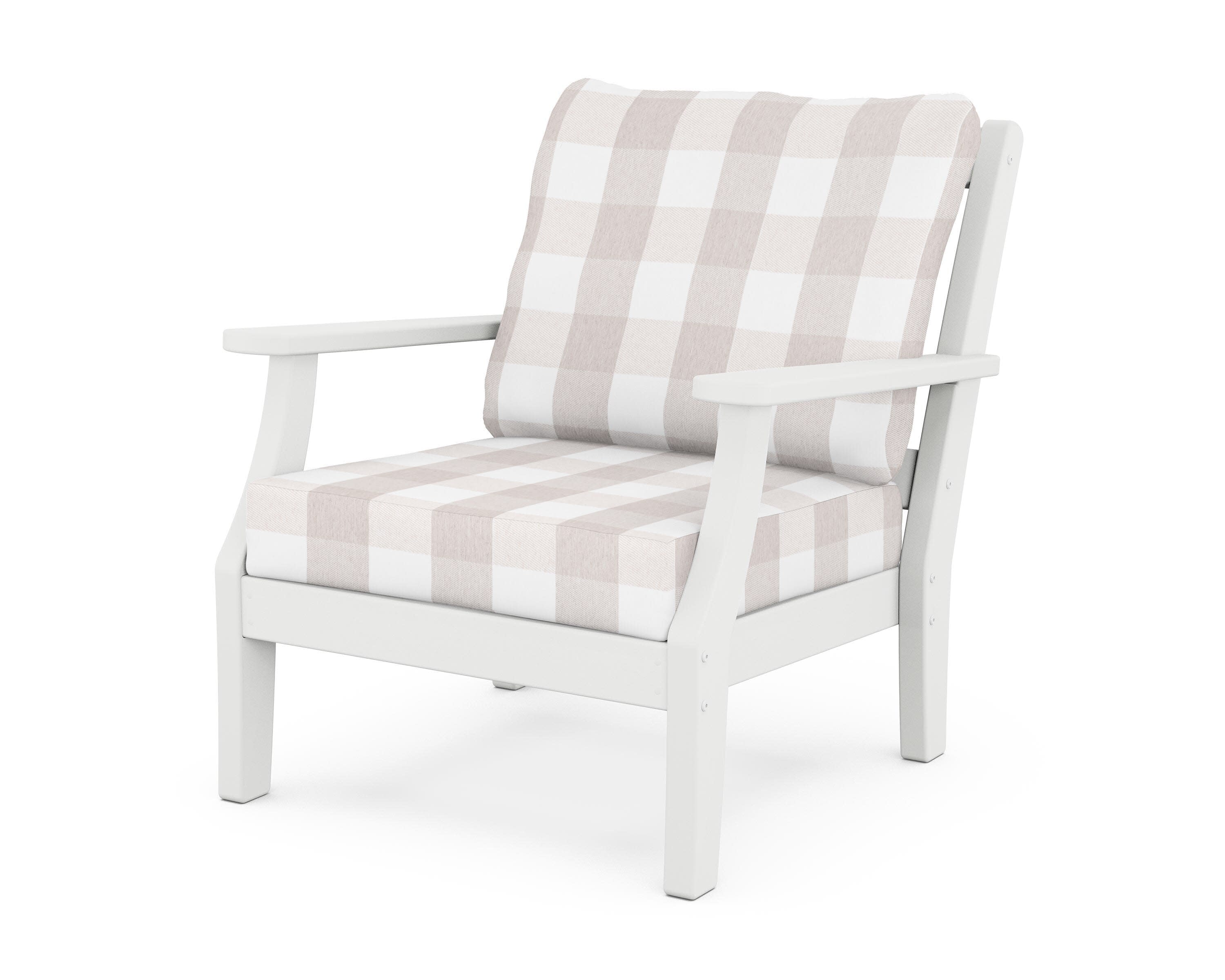 Chinoiserie Deep Seating Chair in White / Buffalo Plaid Dune Burlap