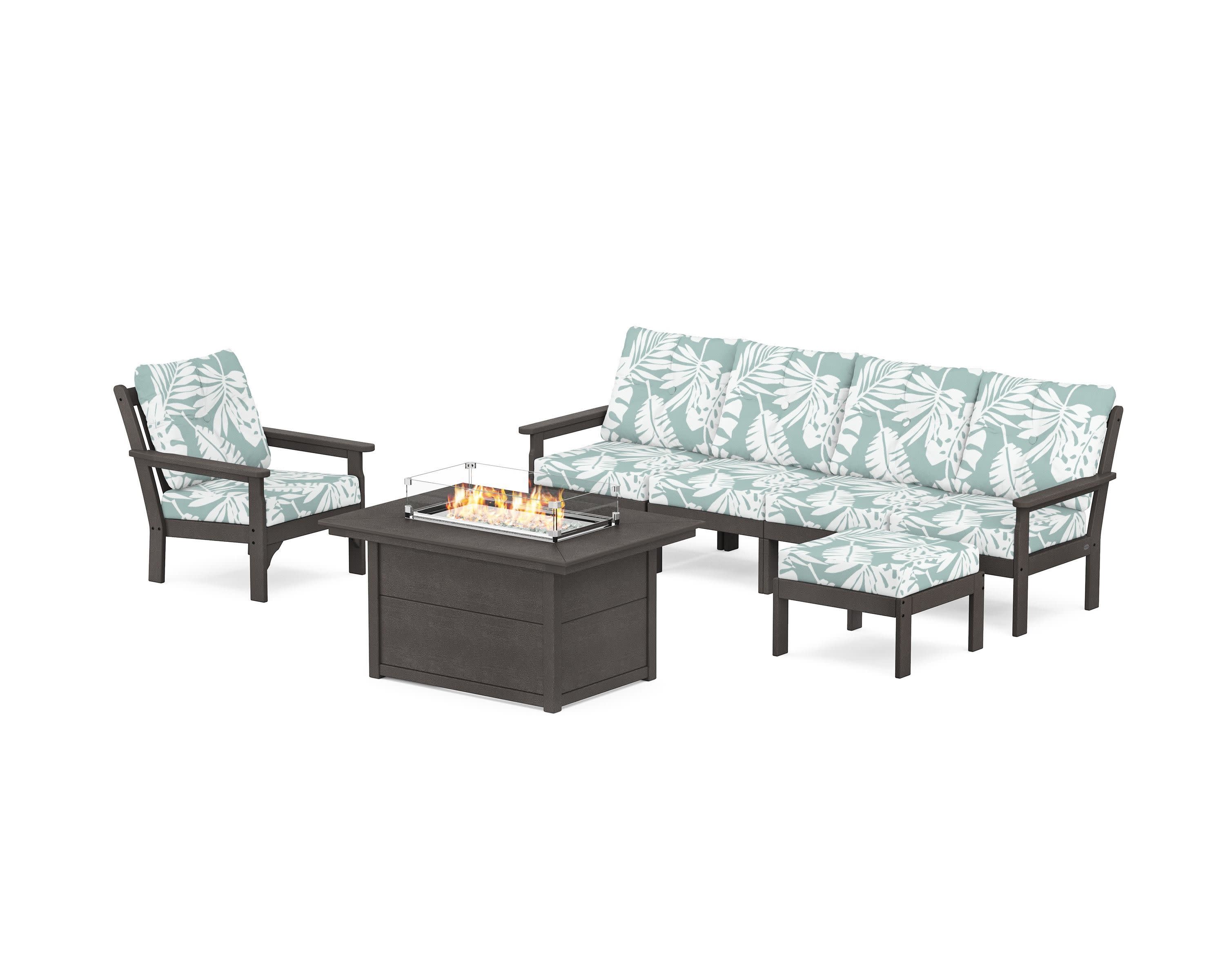 Vineyard Sectional Lounge and Fire Pit Set in Vintage Coffee / Leaf Glacier Spa