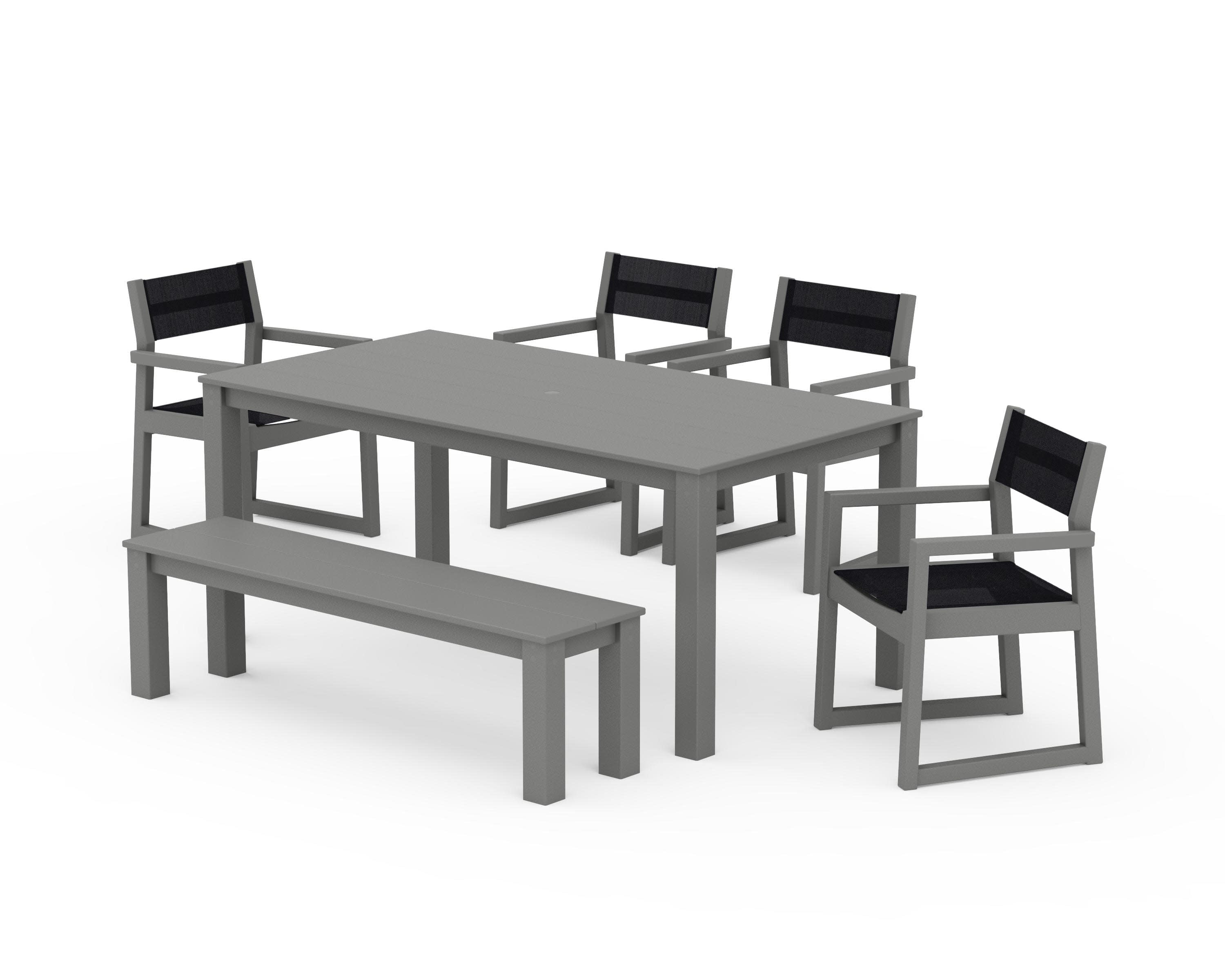 EDGE Sling Arm Chair 6-Piece Parsons Dining Set with Bench in Slate Grey / Black Sling