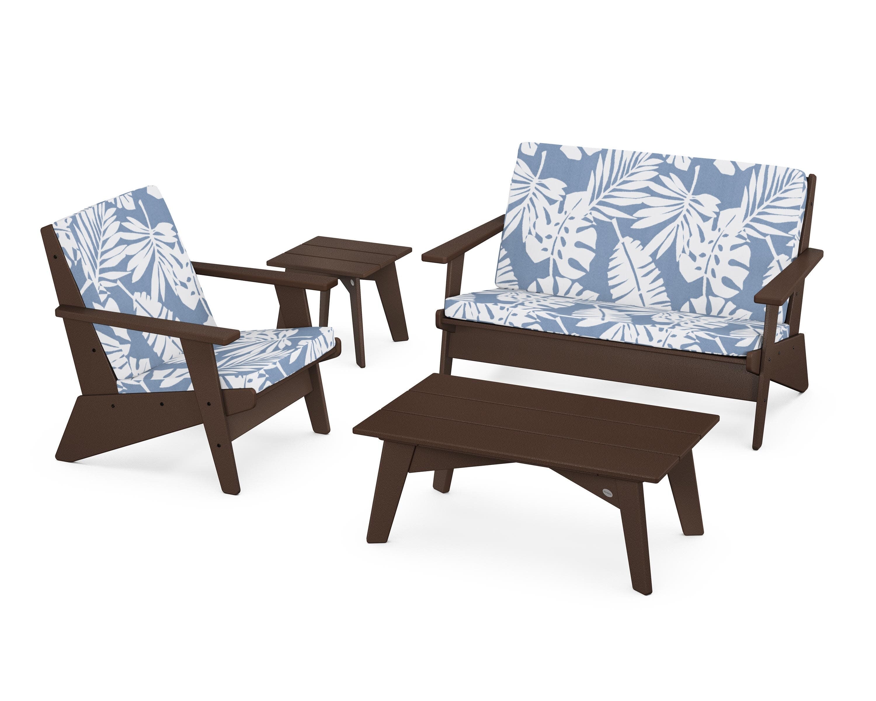 Riviera Modern Lounge 4-Piece Set in Mahogany / Leaf Sky Blue