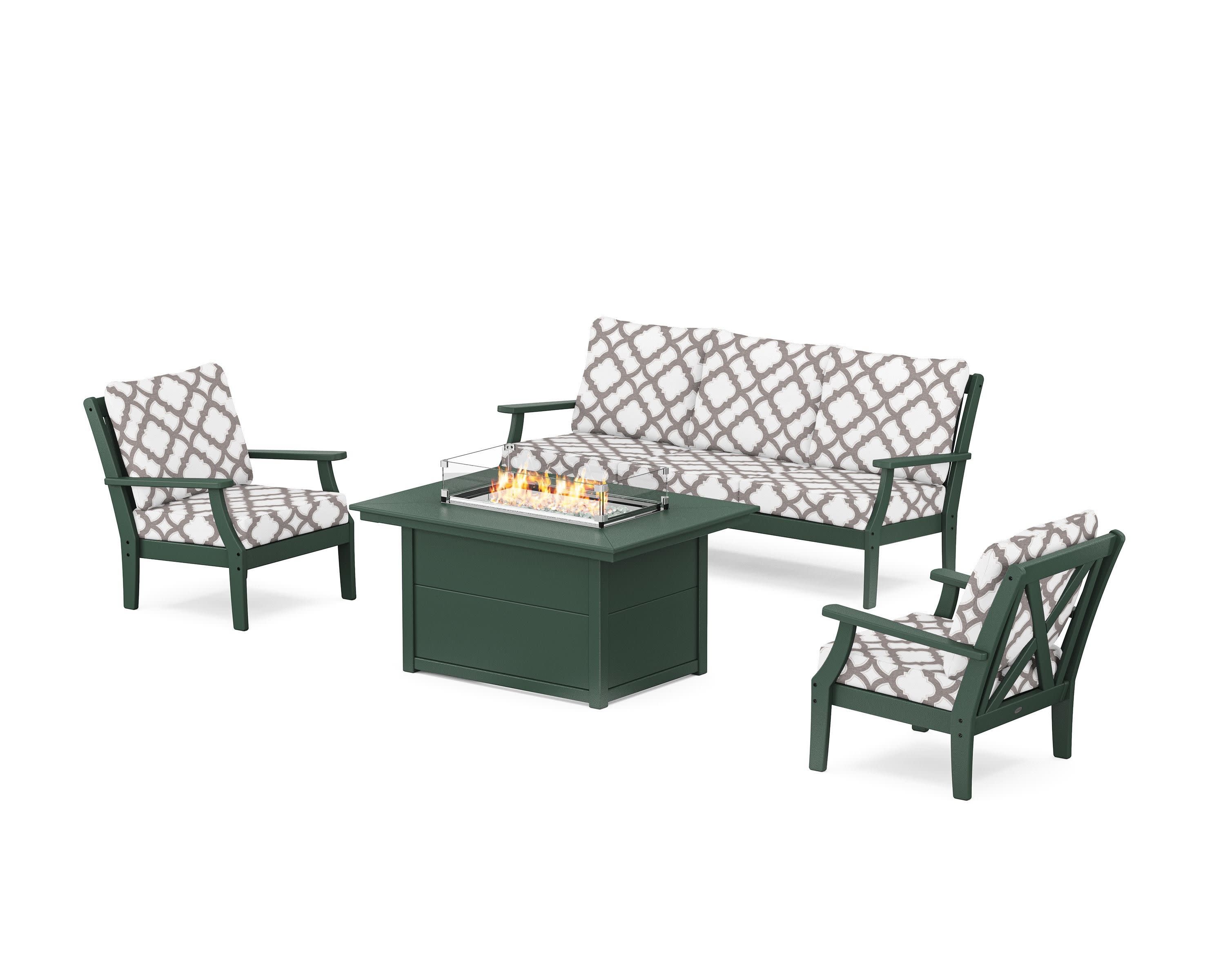 Braxton Deep Seating Fire Pit Table Set in Green / Trellis Grey Mist