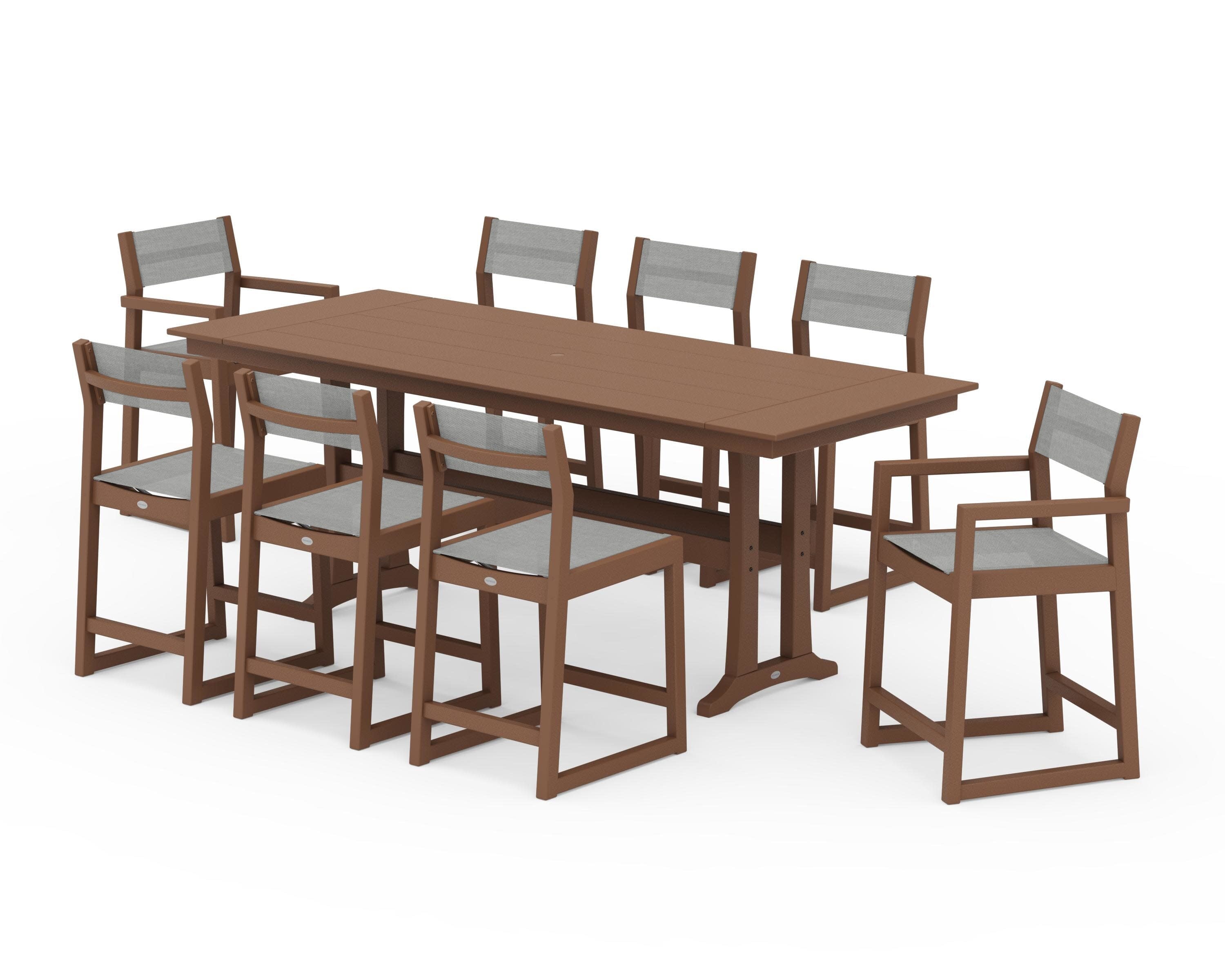 EDGE Sling 9-Piece Farmhouse Counter Set with Trestle Legs in Teak / Metallic Sling