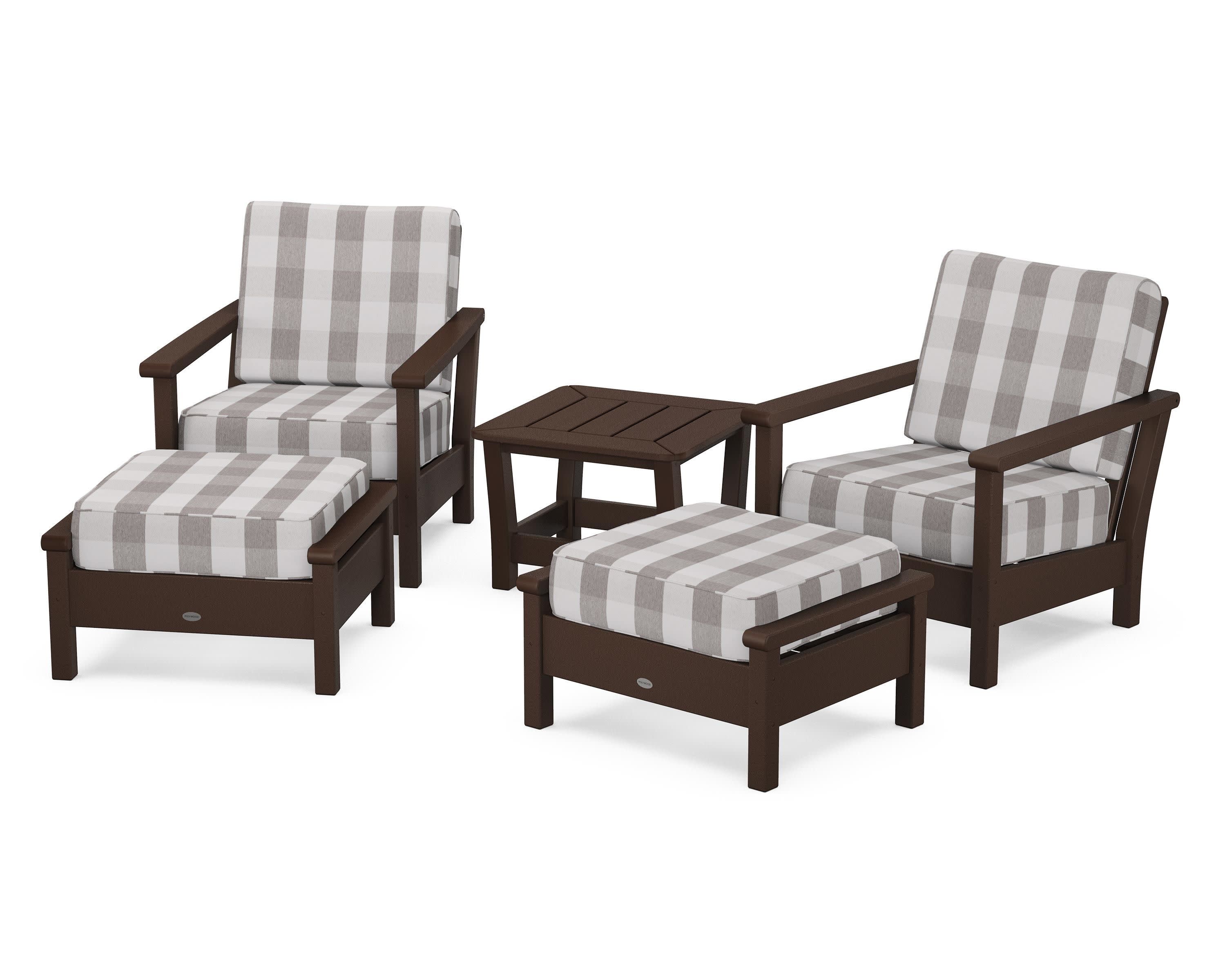 Harbour 5-Piece Deep Seating Chair Set in Mahogany / Buffalo Plaid Grey Mist