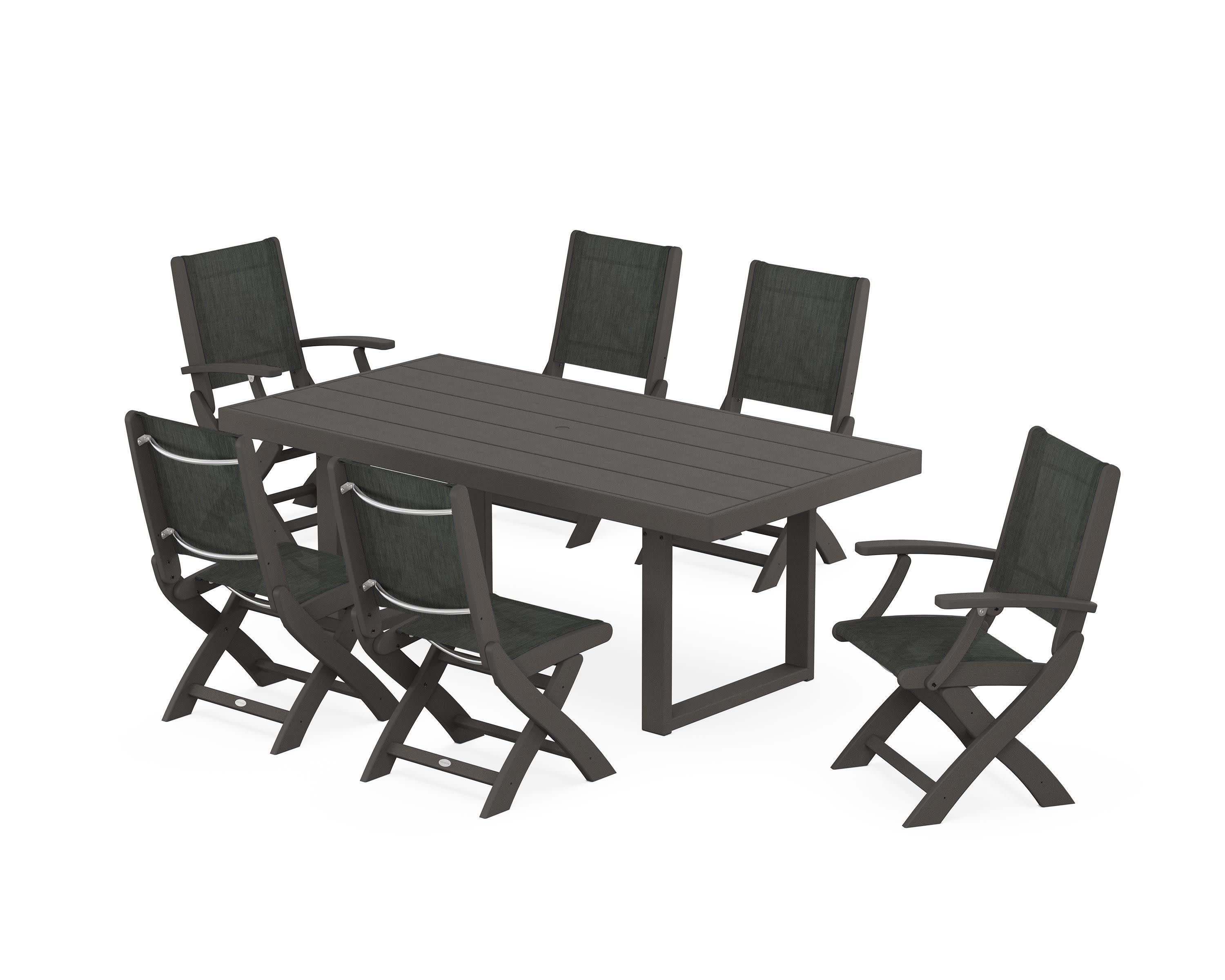 Coastal Folding Chair 7-Piece Dining Set with Trestle Legs in Vintage Coffee / Ember Sling