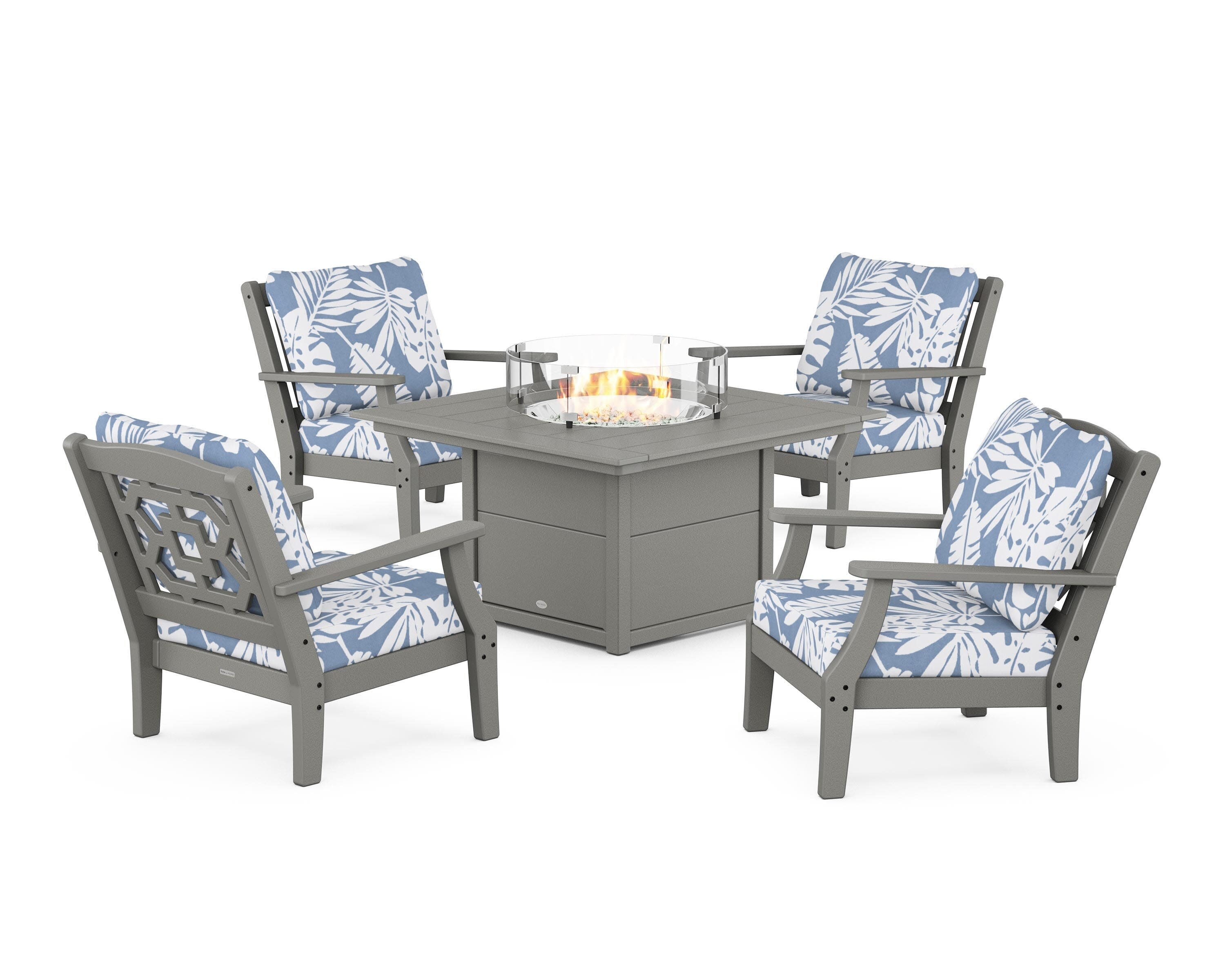 Chinoiserie 5-Piece Deep Seating Set with Fire Pit Table in Slate Grey / Leaf Sky Blue