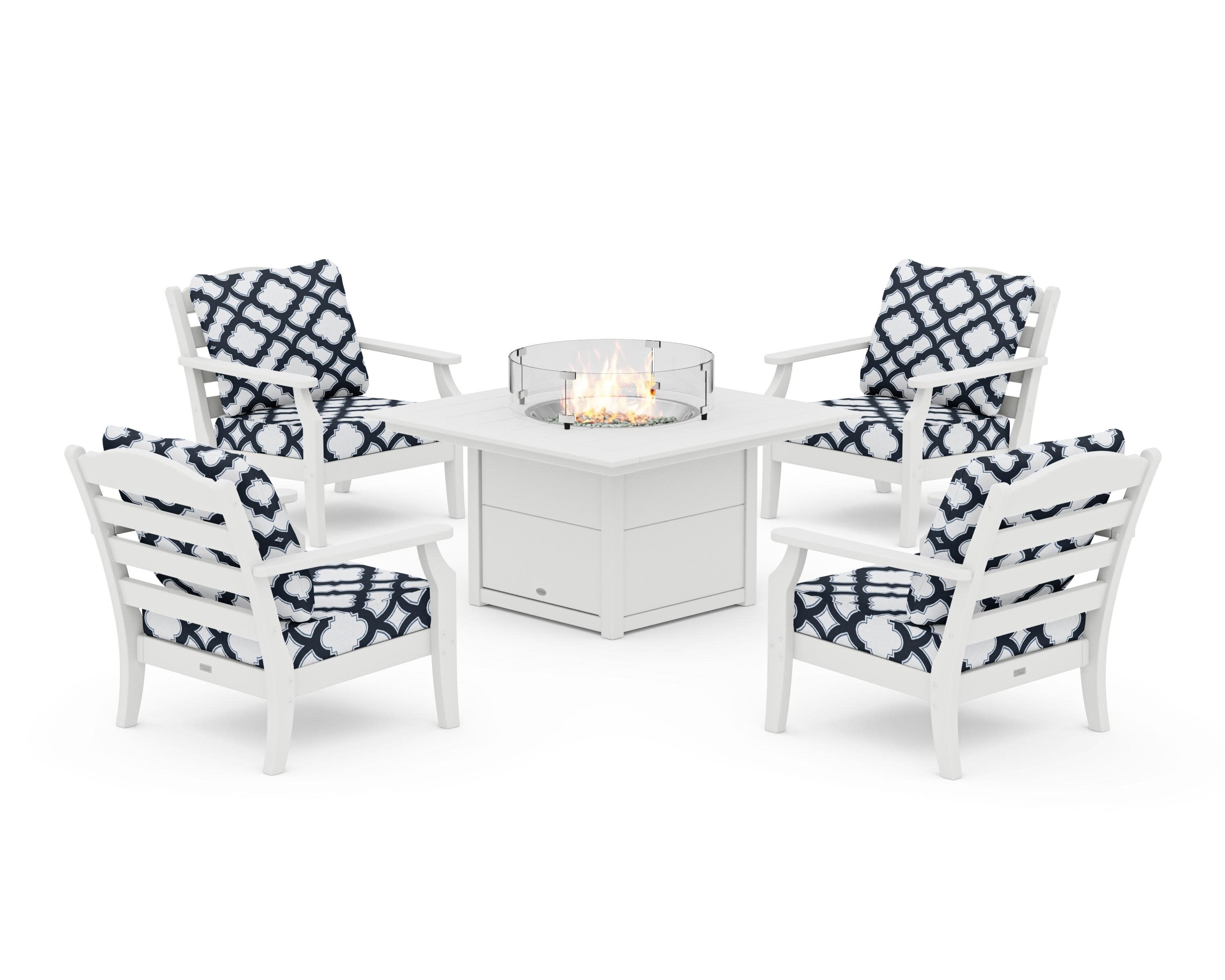 Savannah 5-Piece Deep Seating Set with Fire Pit Table in White / Trellis Marine Indigo