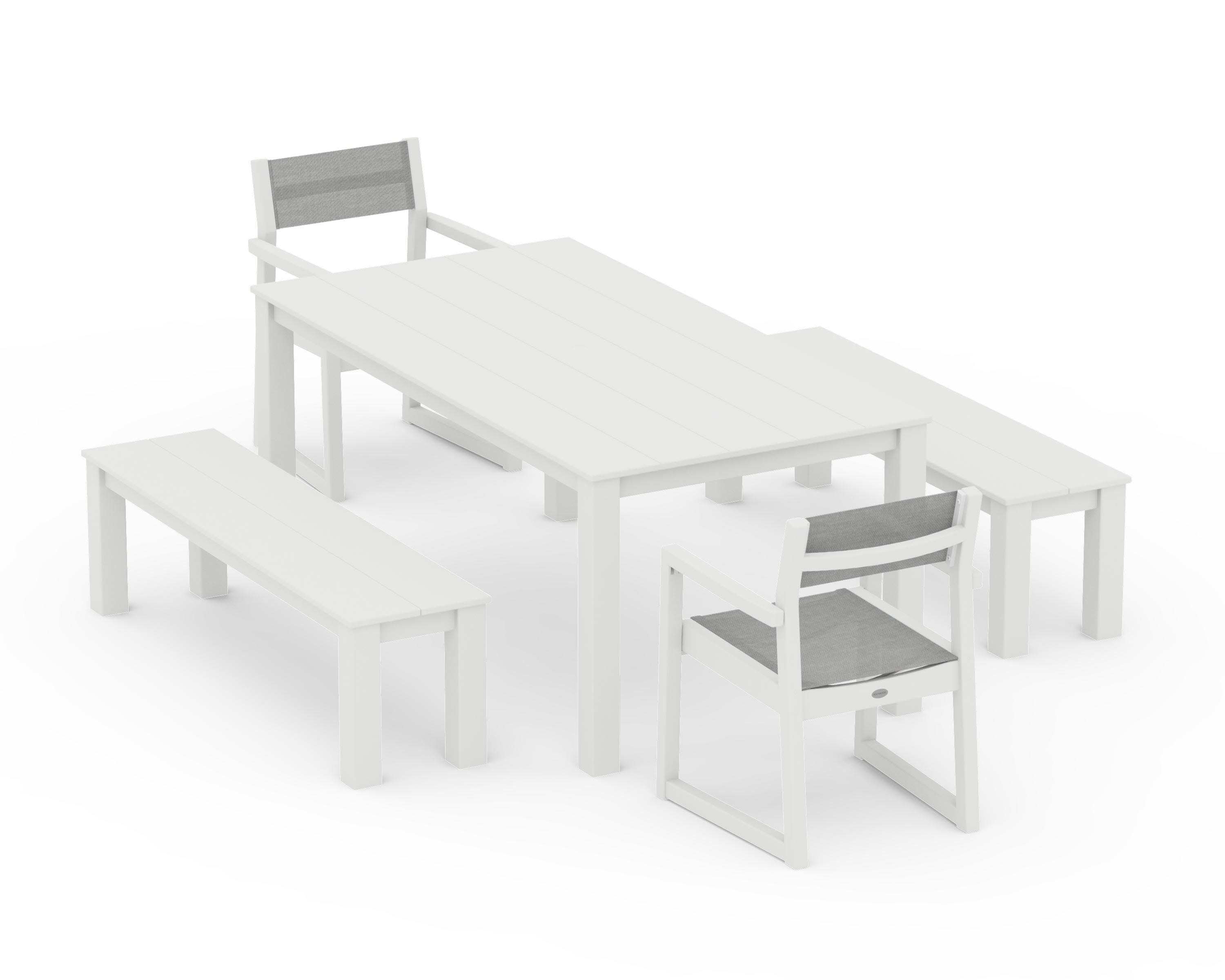 EDGE Sling Arm Chair 5-Piece Parsons Dining Set with Benches in Vintage White / Metallic Sling