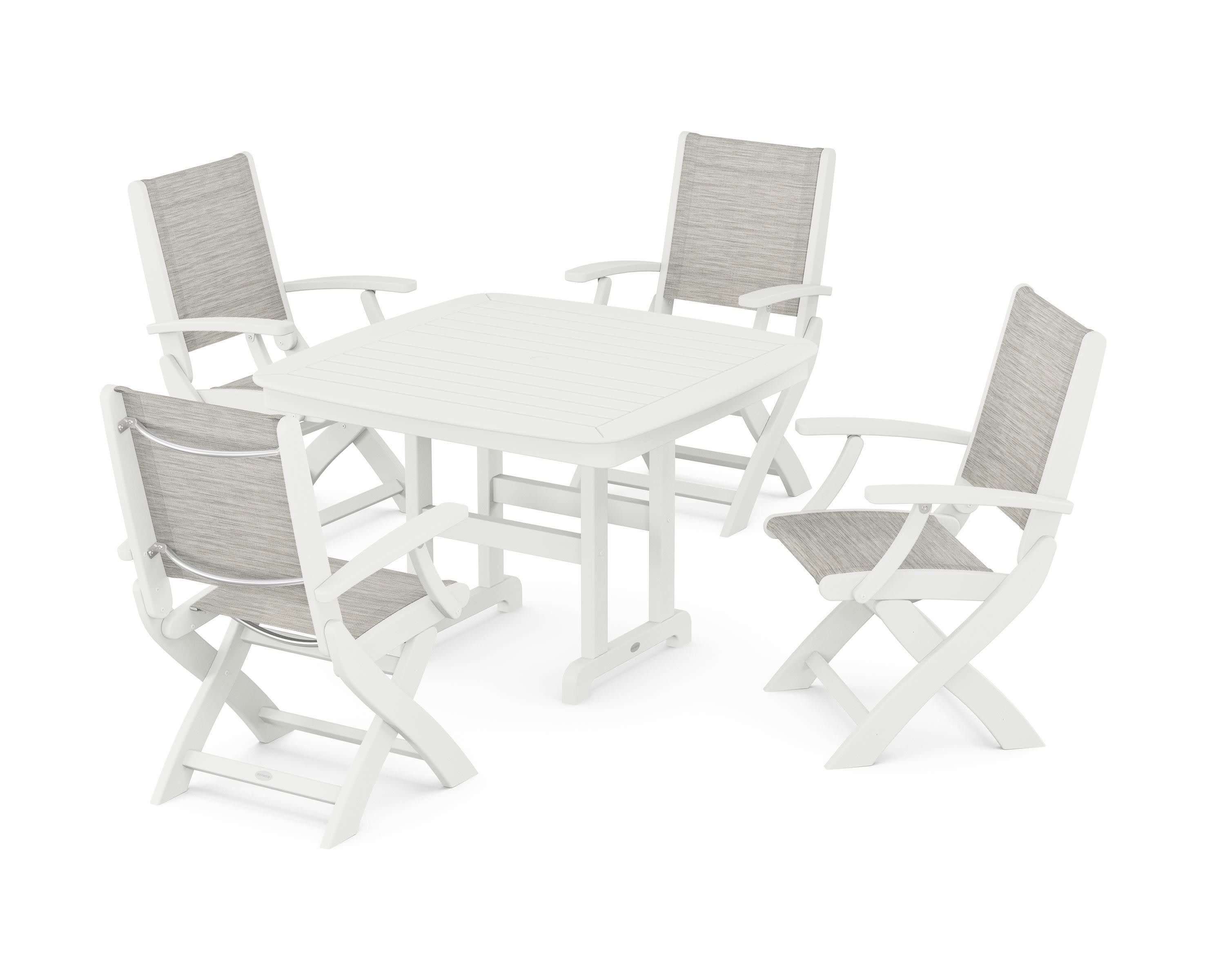 Coastal Folding Chair 5-Piece Dining Set in Vintage White / Birch Sling