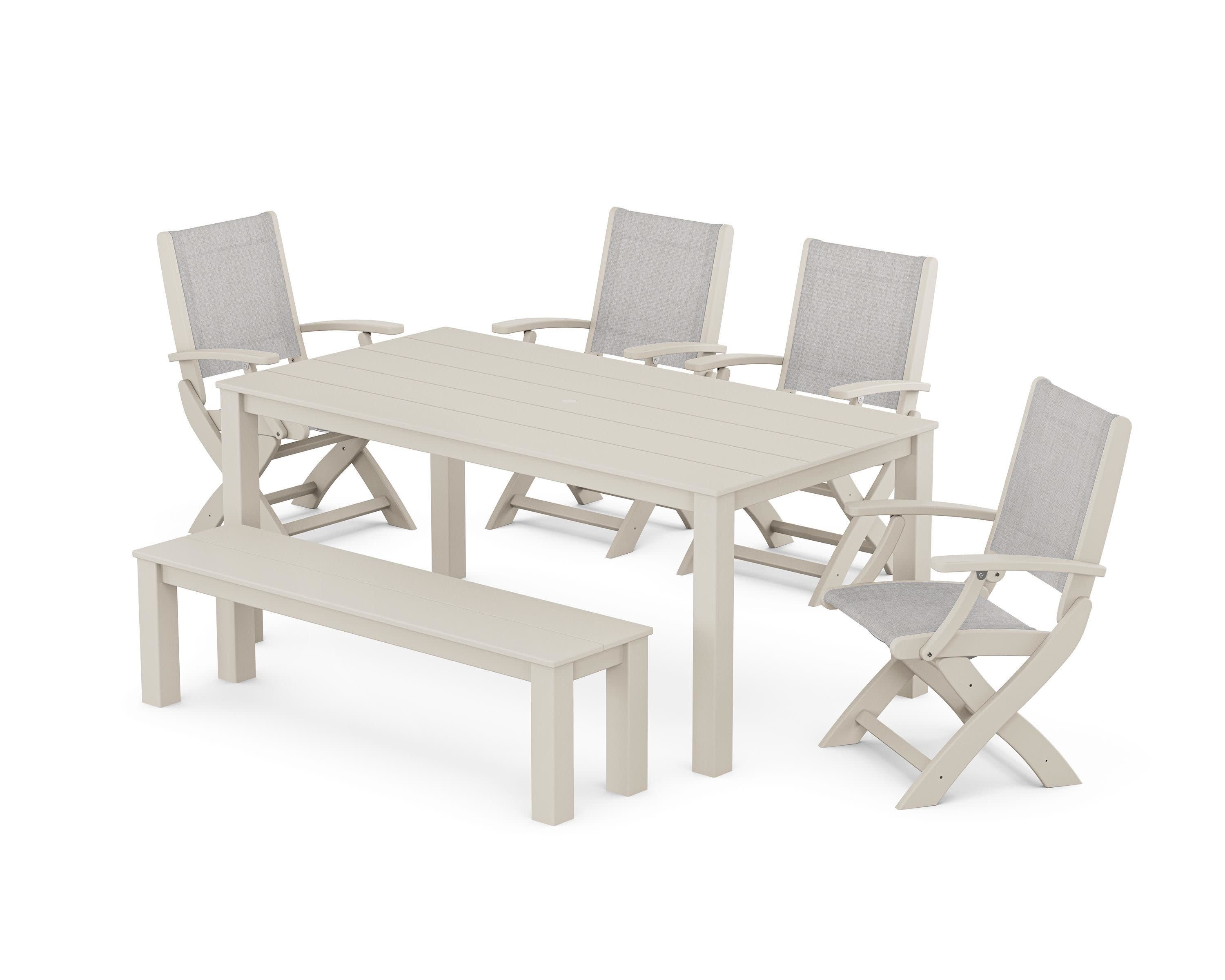 Coastal Folding Chair 6-Piece Parsons Dining Set with Bench in Sand / Parchment Sling