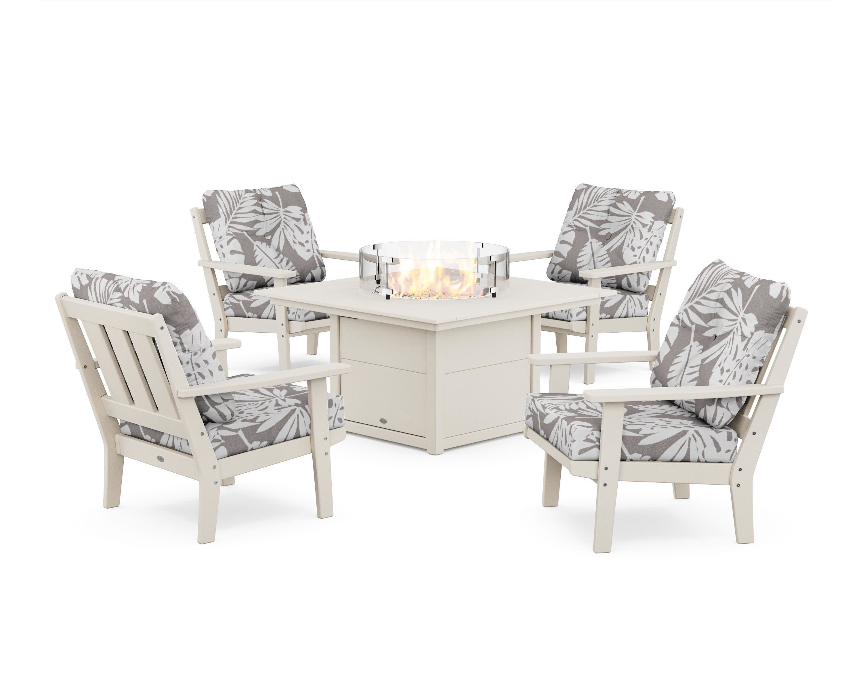Oxford 5-Piece Deep Seating Set with Fire Pit Table in Sand / Leaf Grey Mist