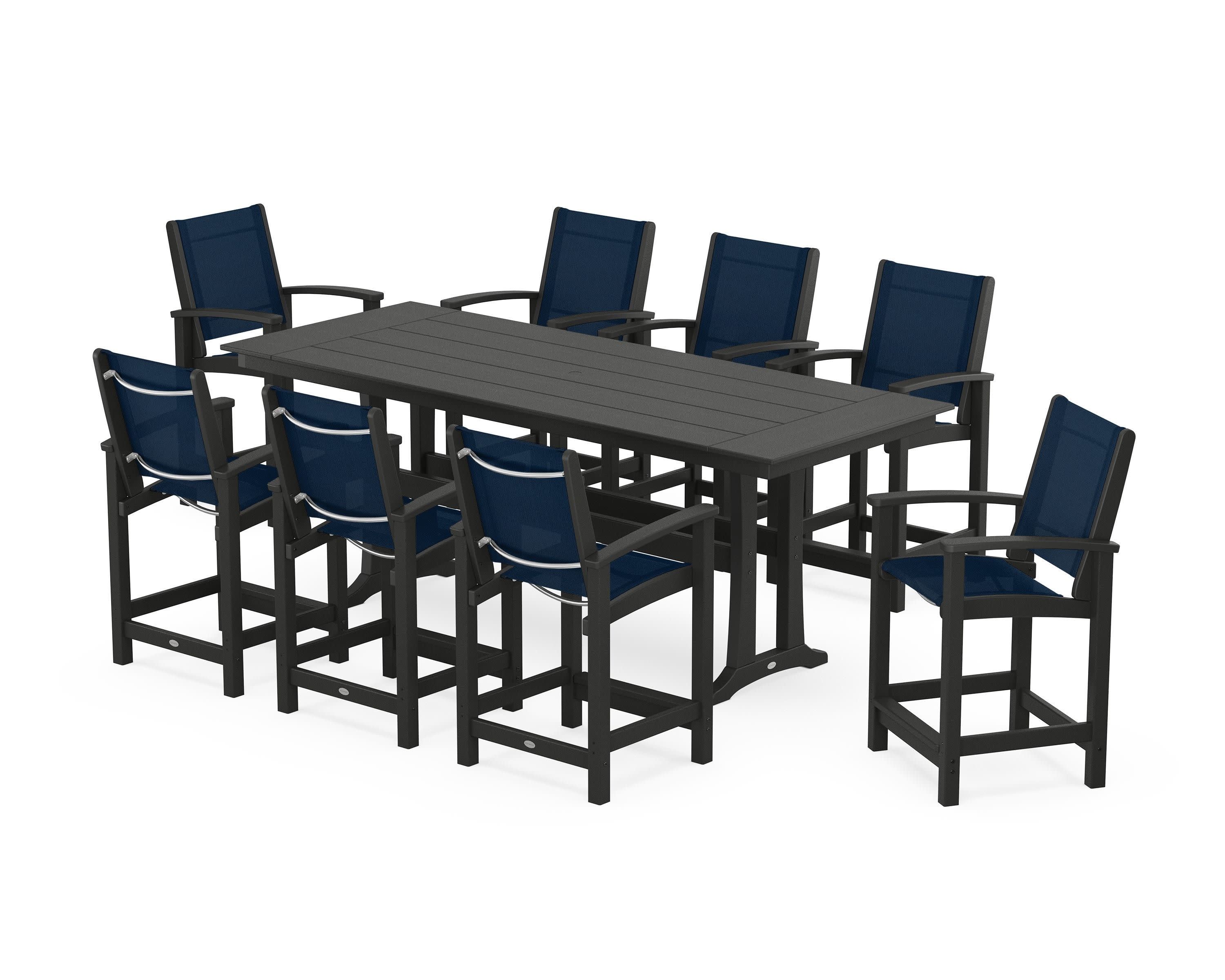 Coastal 9-Piece Farmhouse Counter Set with Trestle Legs in Black / Navy Blue Sling