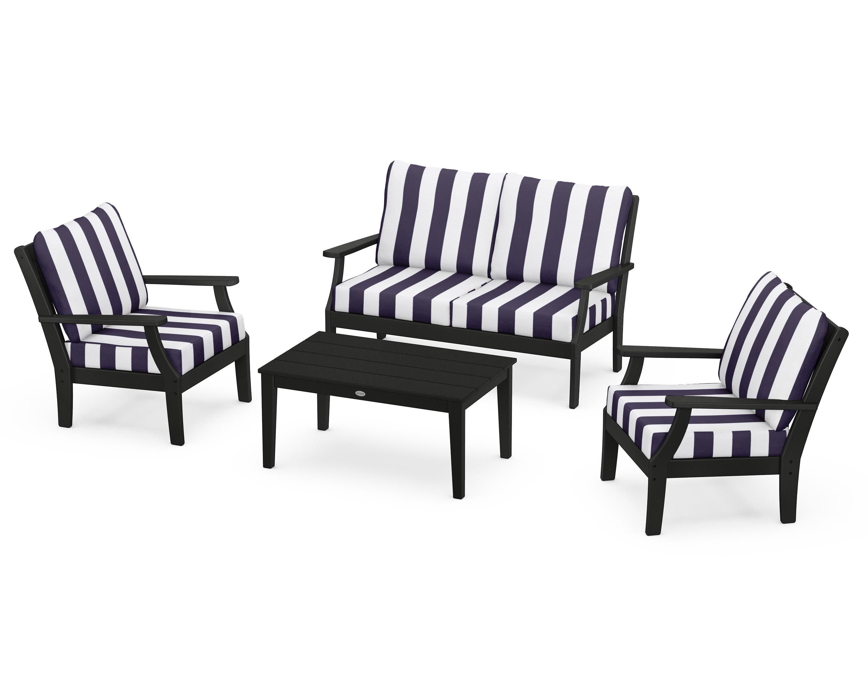 Braxton 4-Piece Deep Seating Chair Set in Black / Cabana Stripe Navy