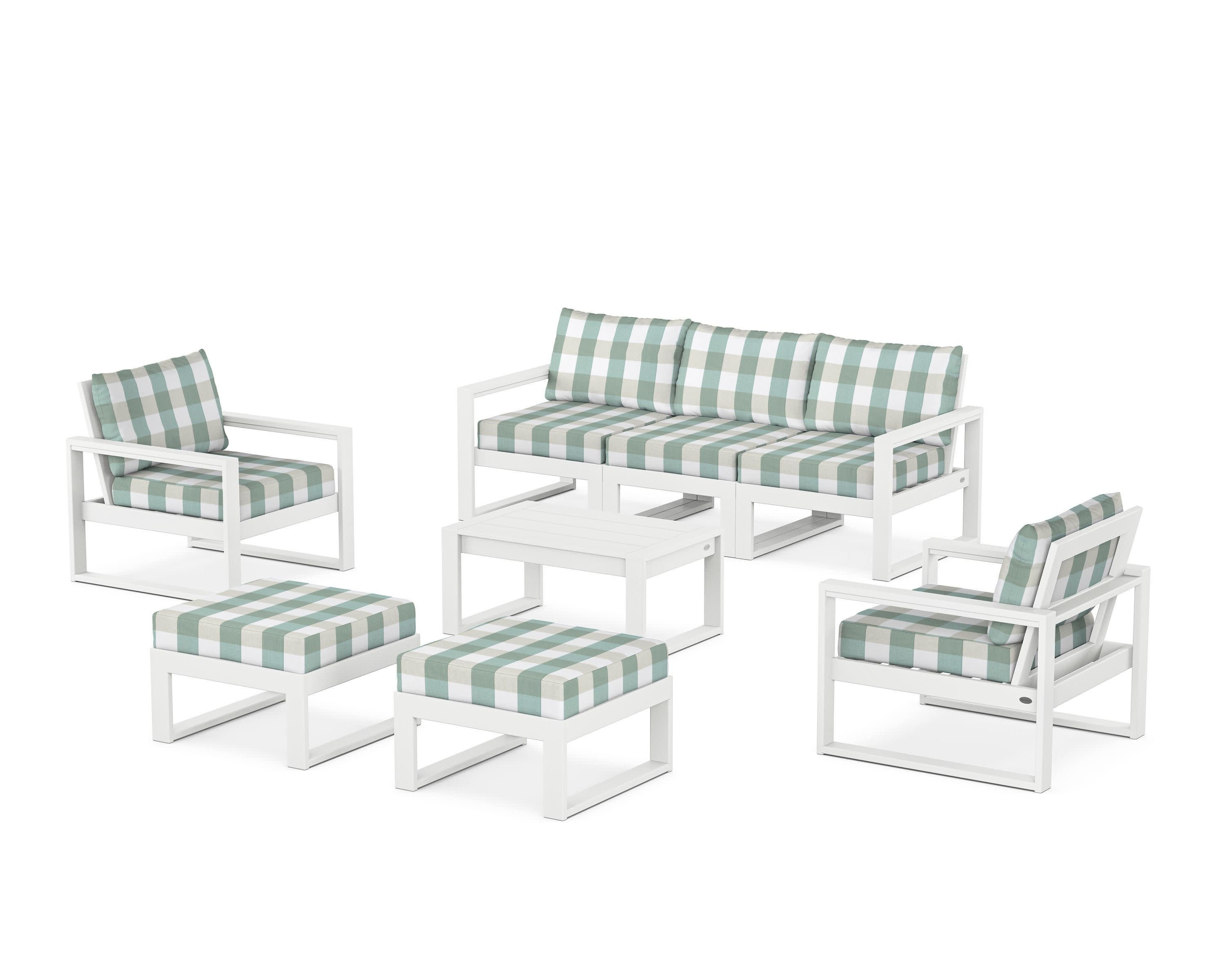 EDGE Sectional 8-Piece Lounge Sofa Set in White / Buffalo Plaid Glacier Spa
