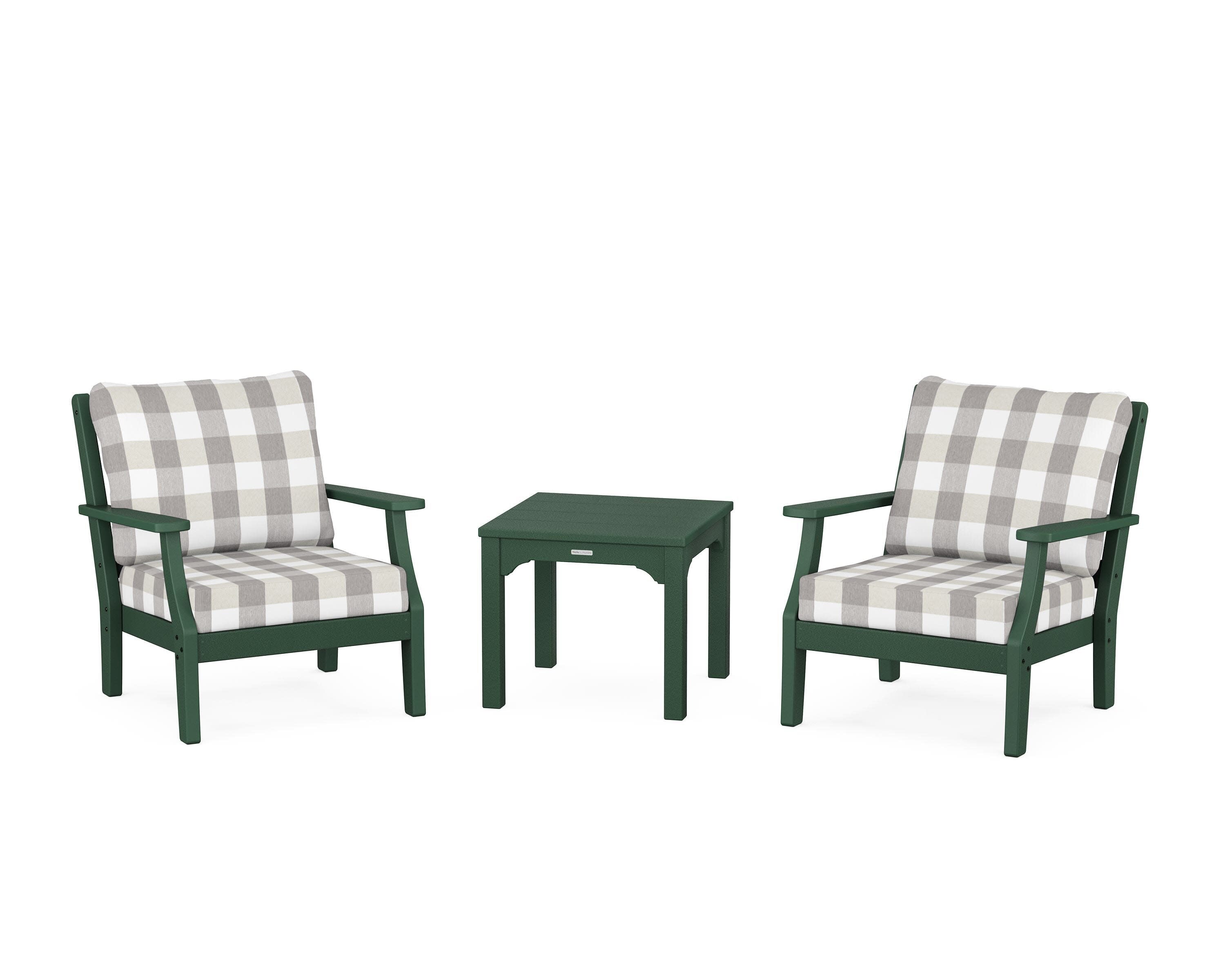 Chinoiserie 3-Piece Deep Seating Set in Green / Buffalo Plaid Grey Mist
