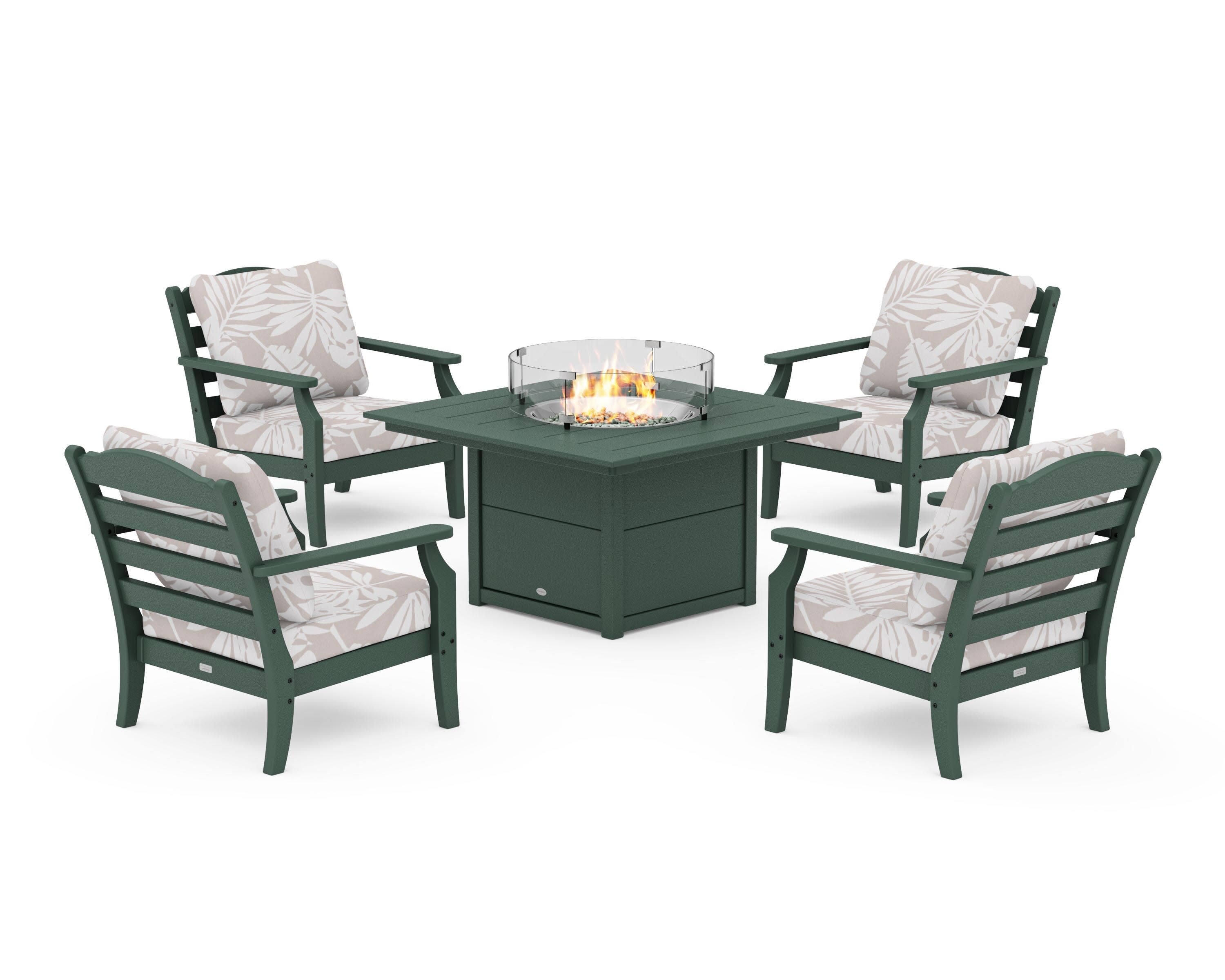 Savannah 5-Piece Deep Seating Set with Fire Pit Table in Green / Leaf Dune Burlap