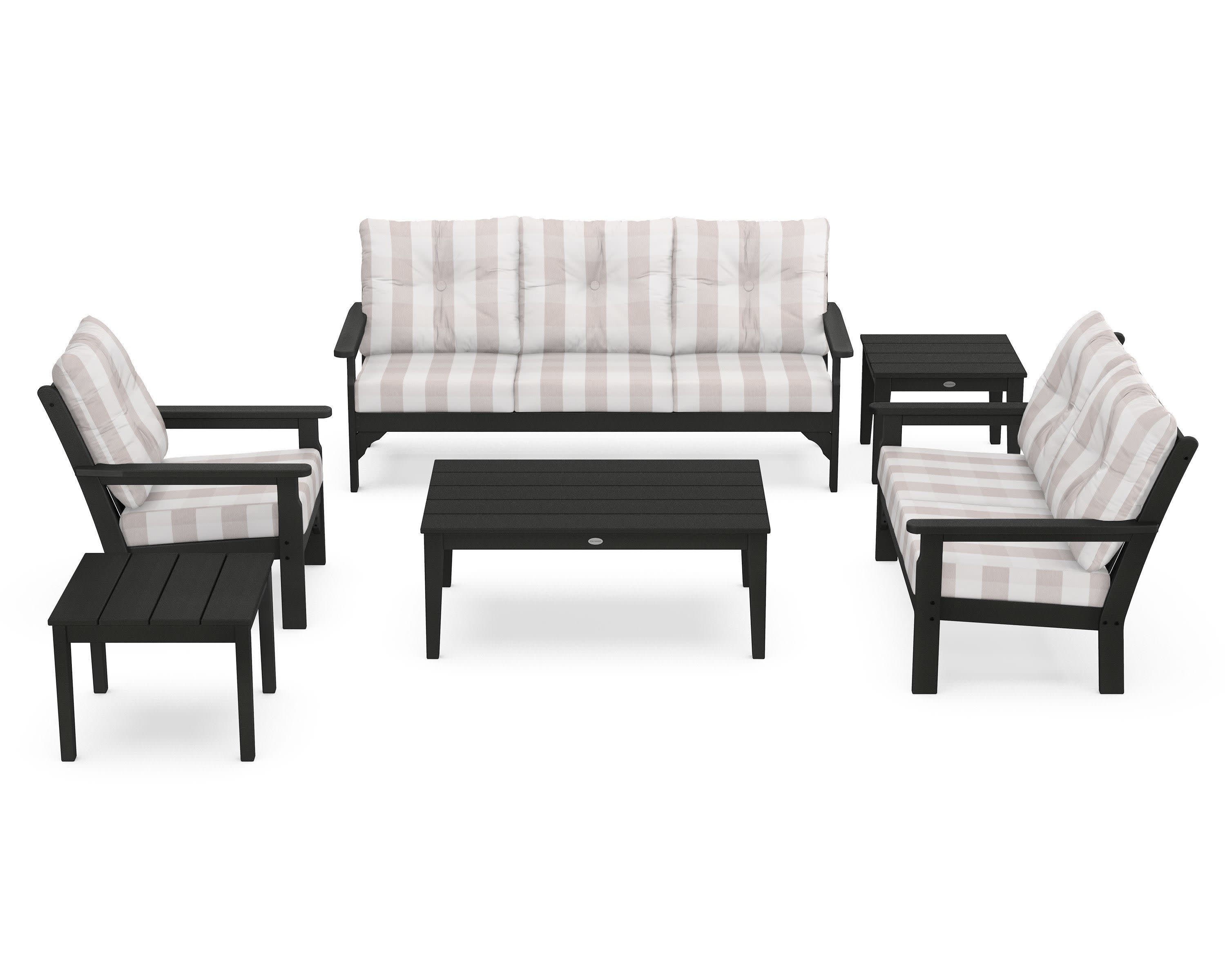 Vineyard 6-Piece Deep Seating Set in Black / Buffalo Plaid Dune Burlap