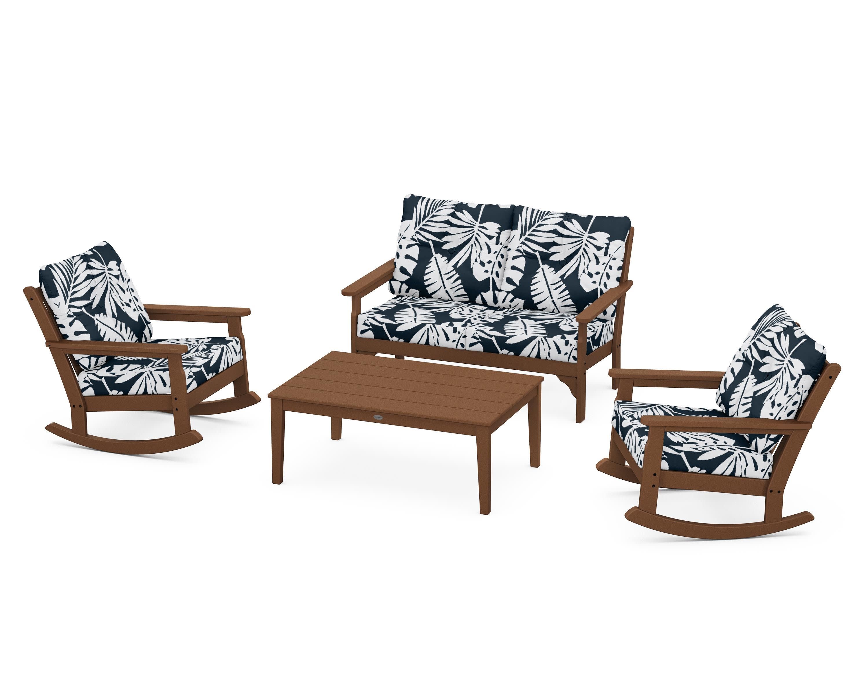 Vineyard 4-Piece Deep Seating Rocking Chair Set in Teak / Leaf Marine Indigo