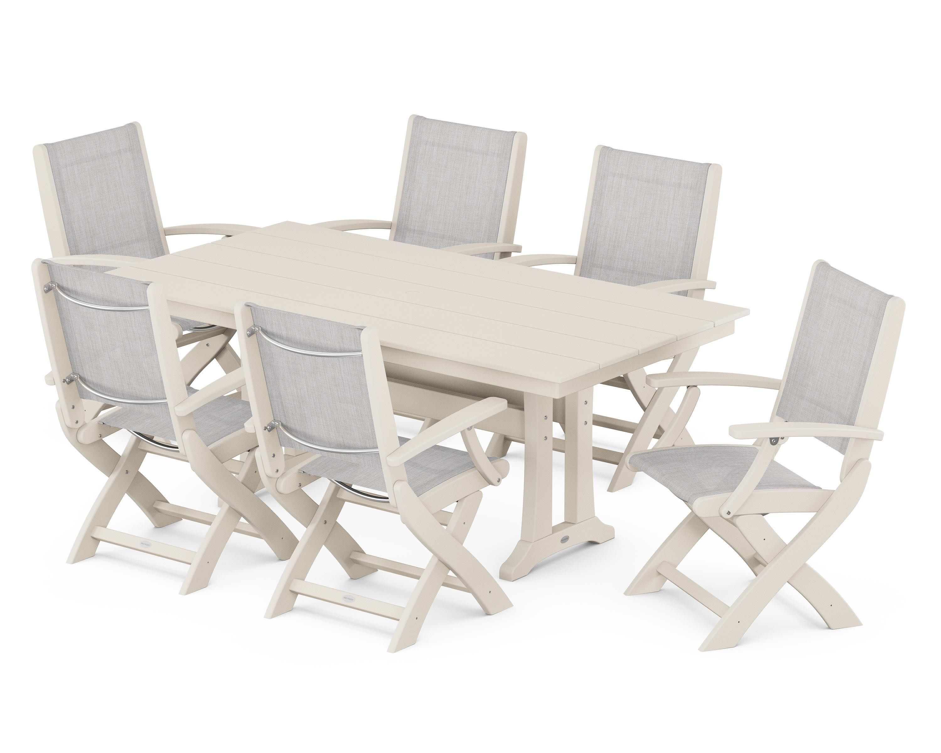 Coastal Folding Arm Chair 7-Piece Farmhouse Dining Set with Trestle Legs in Sand / Parchment Sling