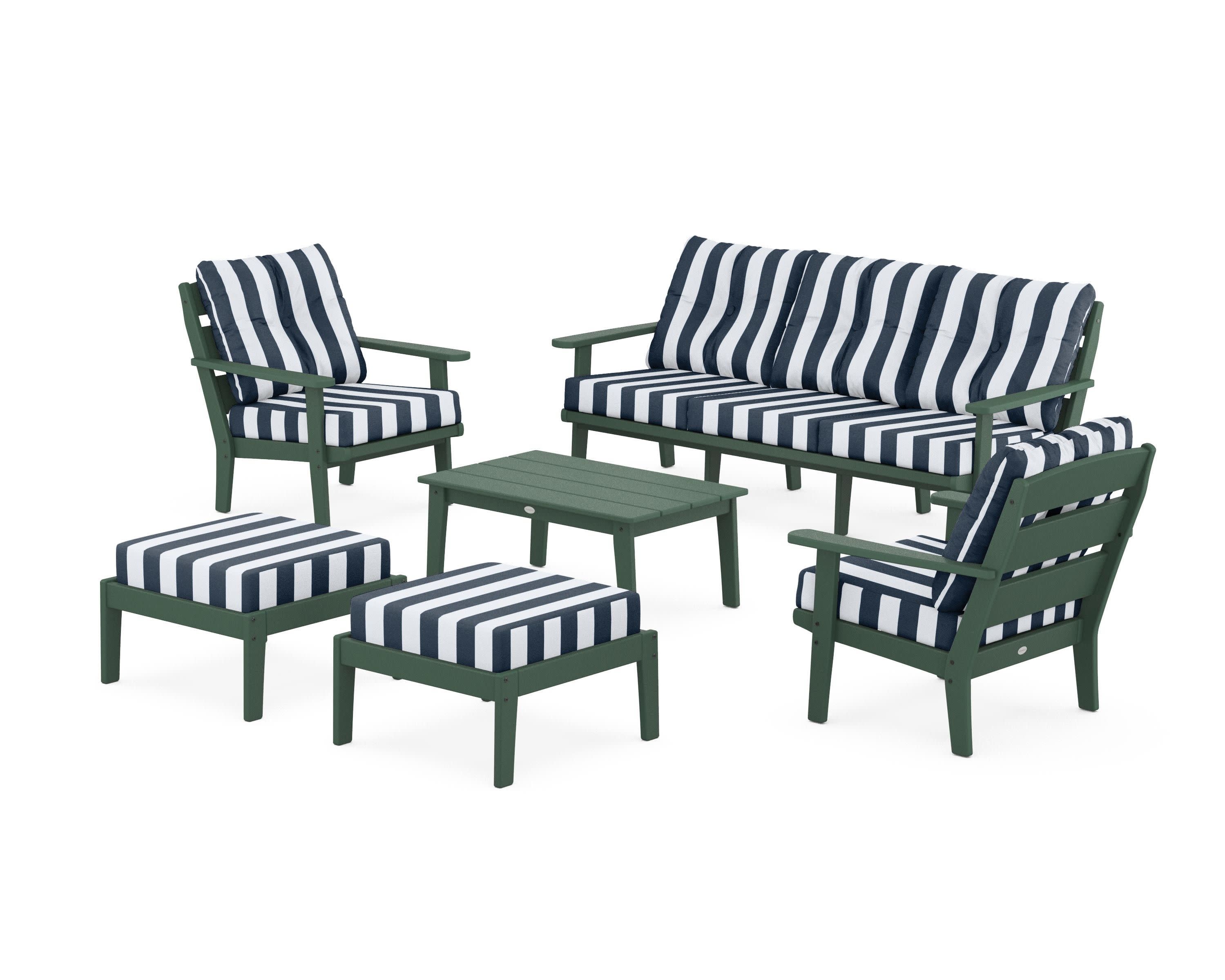 Lakeside 6-Piece Lounge Sofa Set in Green / Cabana Stripe Marine Indigo