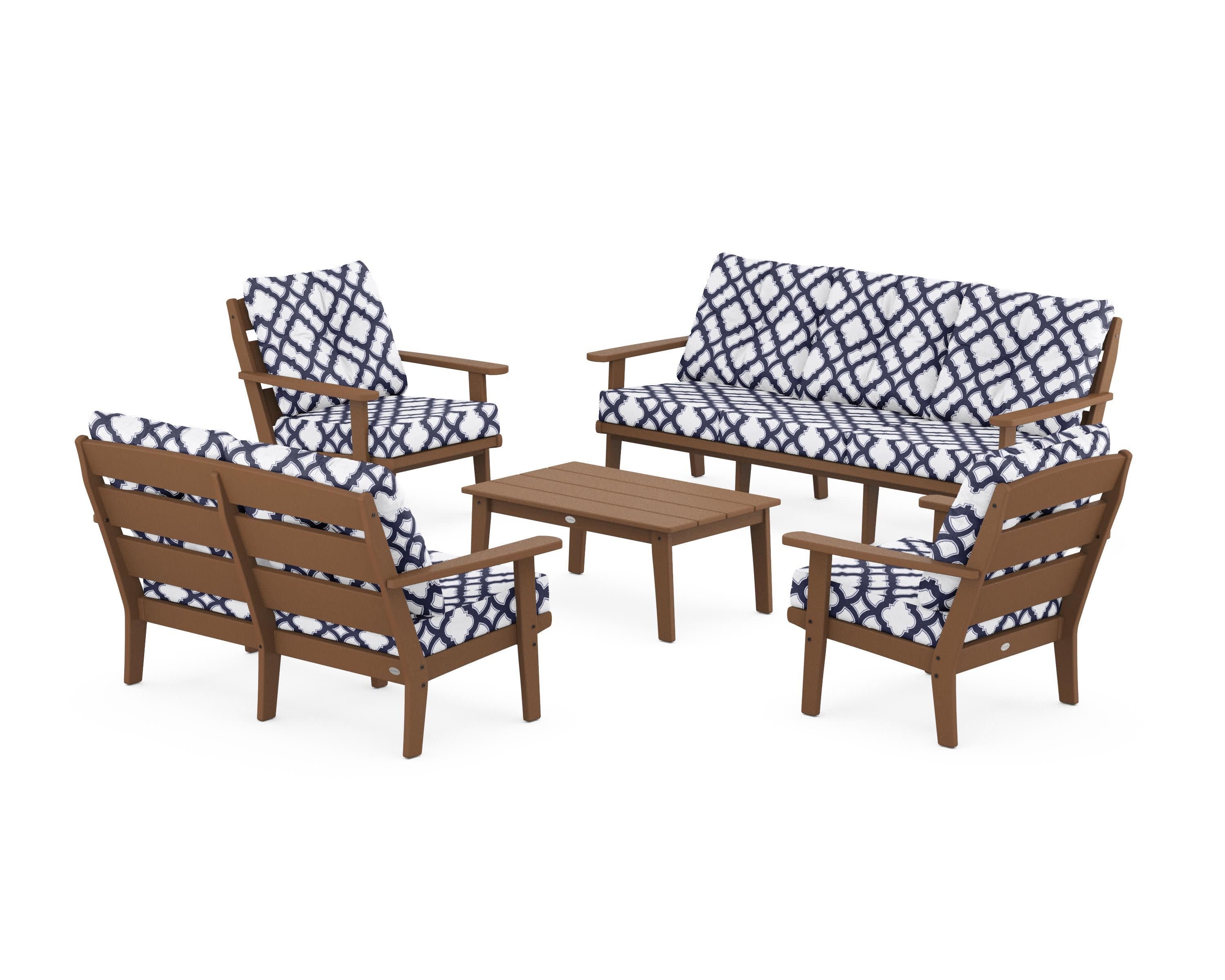 Lakeside 5-Piece Lounge Sofa Set in Teak / Trellis Navy
