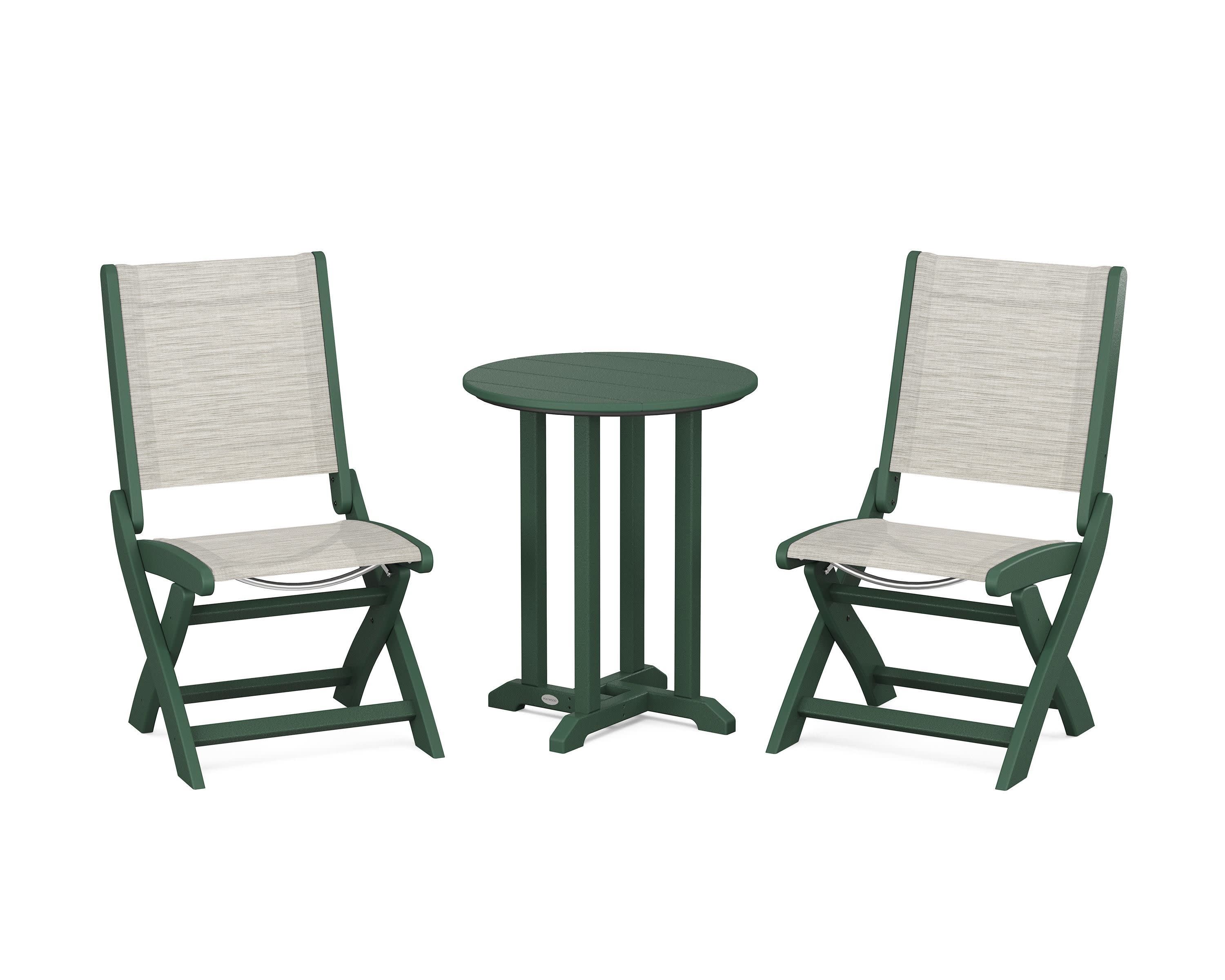 Coastal Folding Side Chair 3-Piece Round Bistro Dining Set in Green / Birch Sling