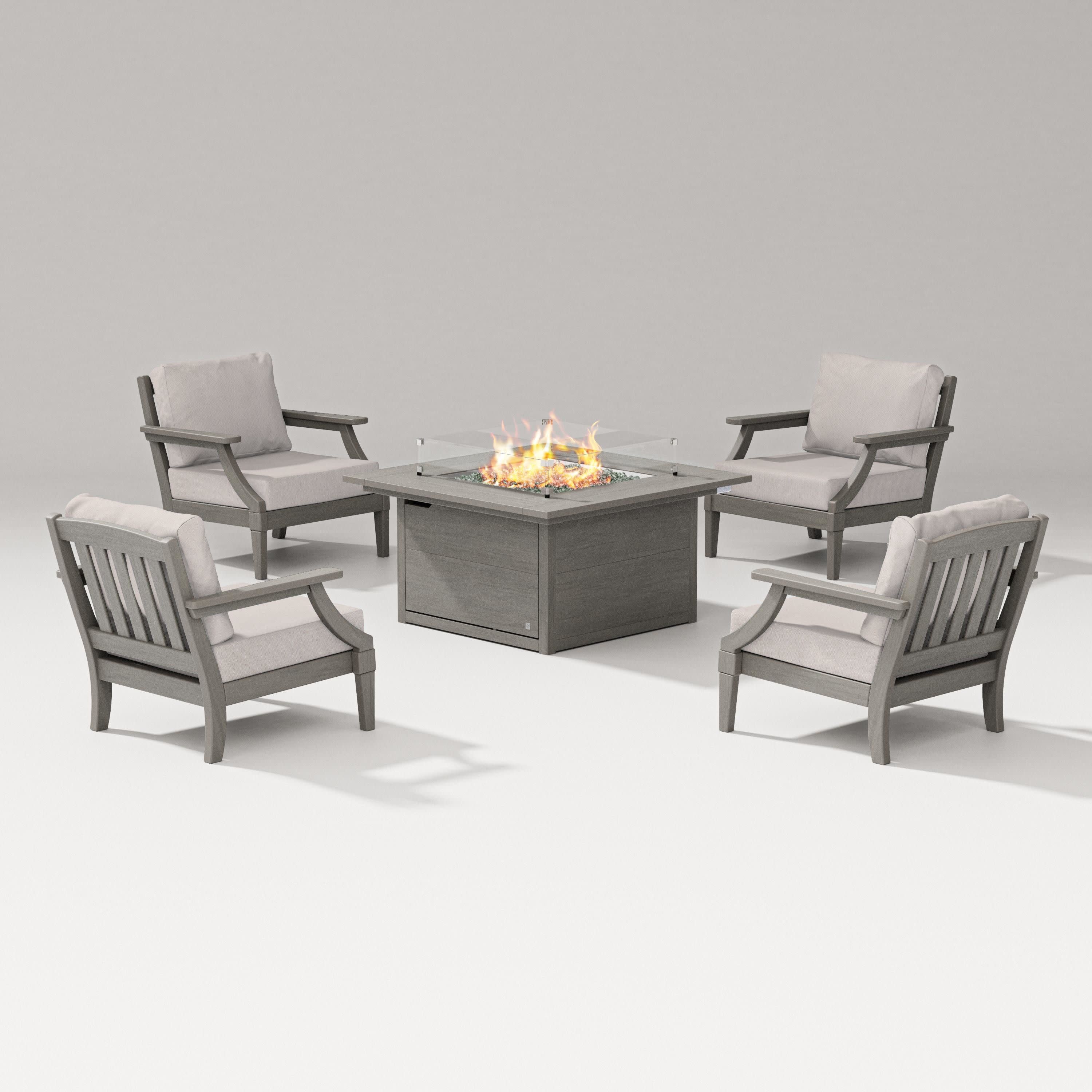 Estate 5-Piece Lounge Fire Table Set in Driftwood / Dune Burlap