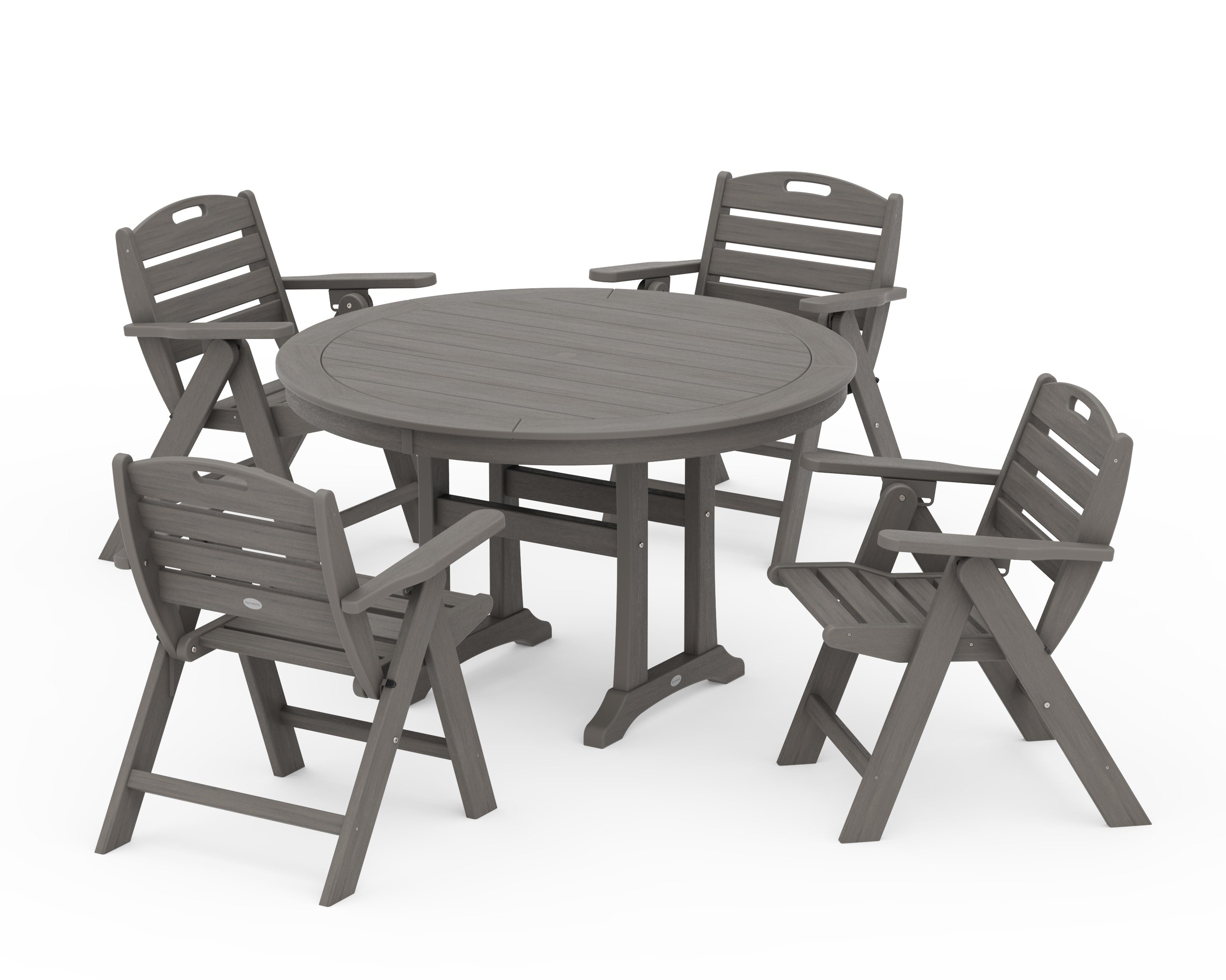 Nautical Folding Lowback Chair 5-Piece Round Dining Set With Trestle Legs in Driftwood