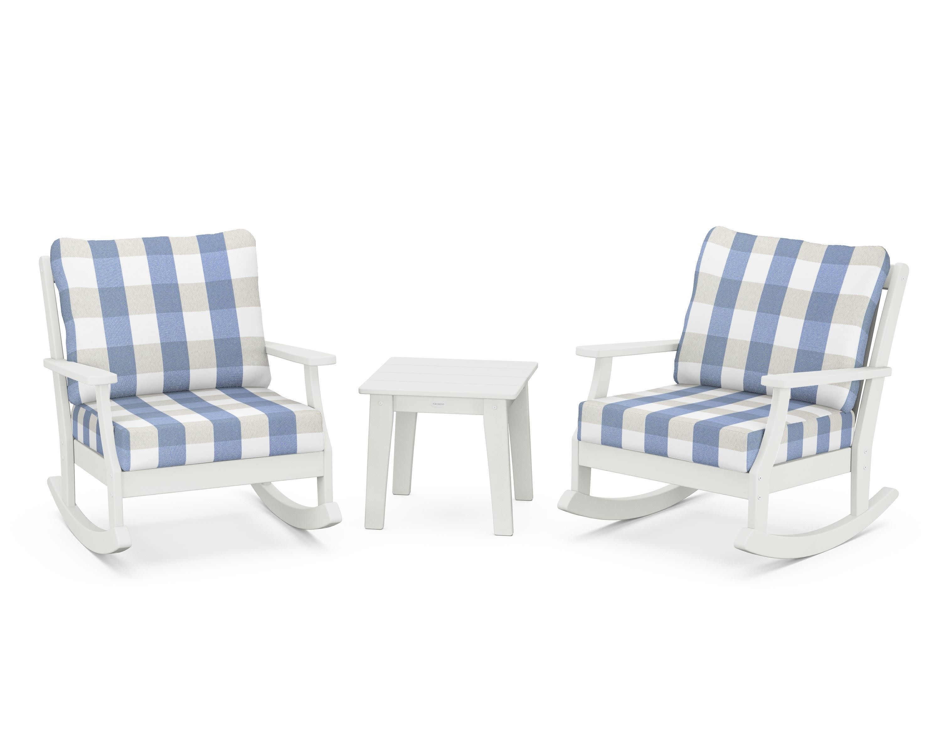 Braxton 3-Piece Deep Seating Rocker Set in Vintage White / Buffalo Plaid Sky Blue