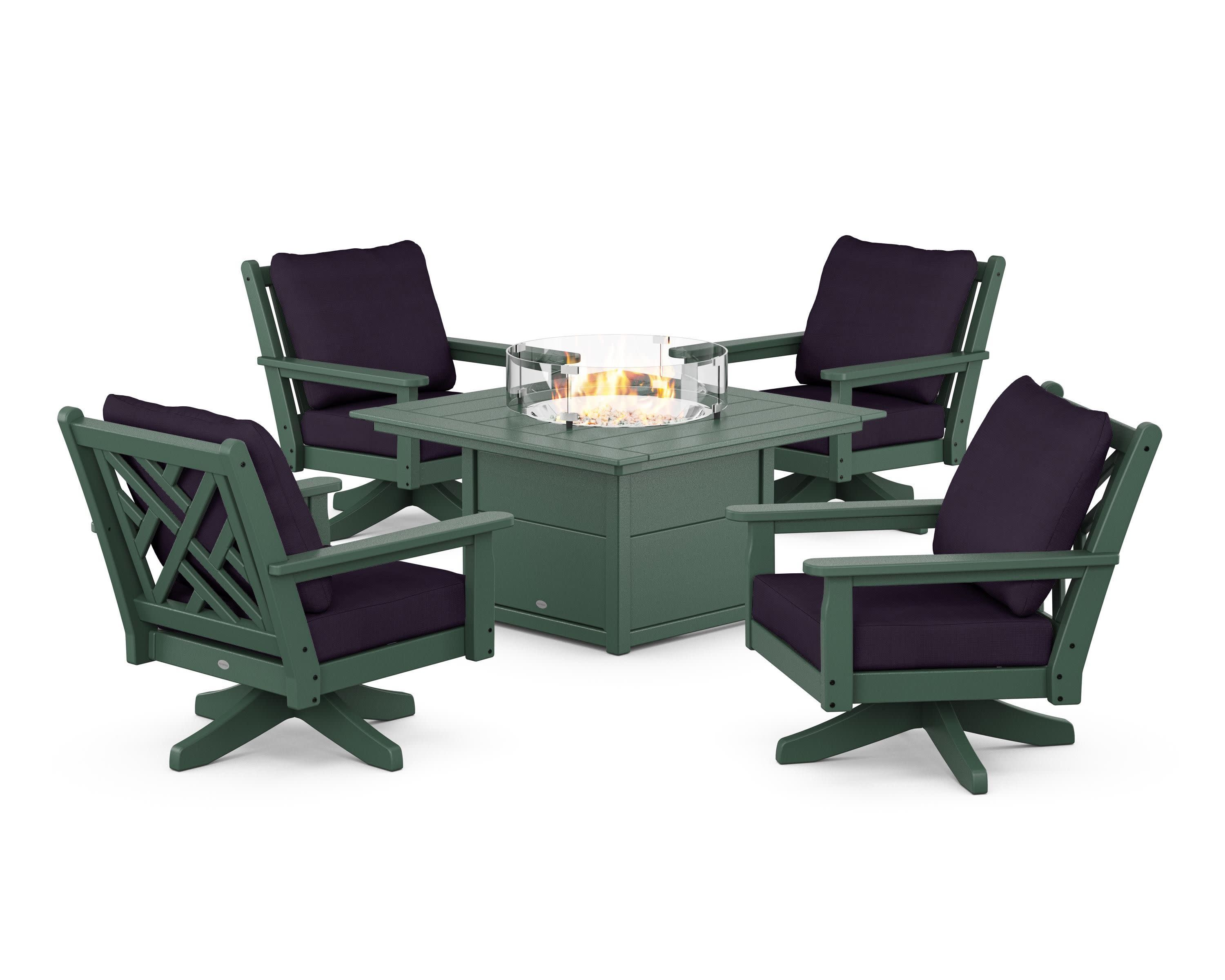 Chippendale 5-Piece Deep Seating Swivel Conversation Set with Fire Pit Table in Green / Navy Linen