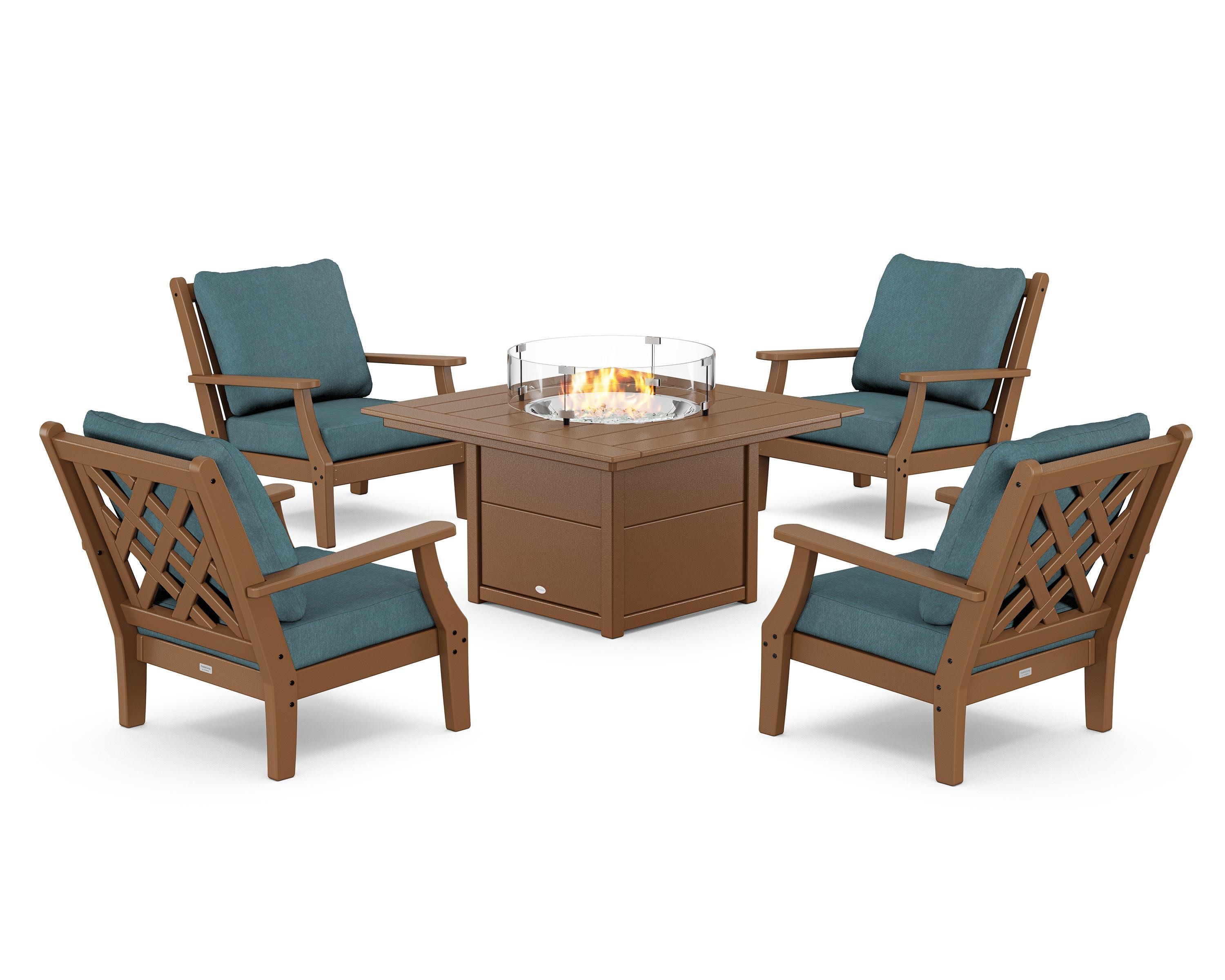 Wovendale 5-Piece Deep Seating Set with Fire Pit Table in Teak / Ocean Teal