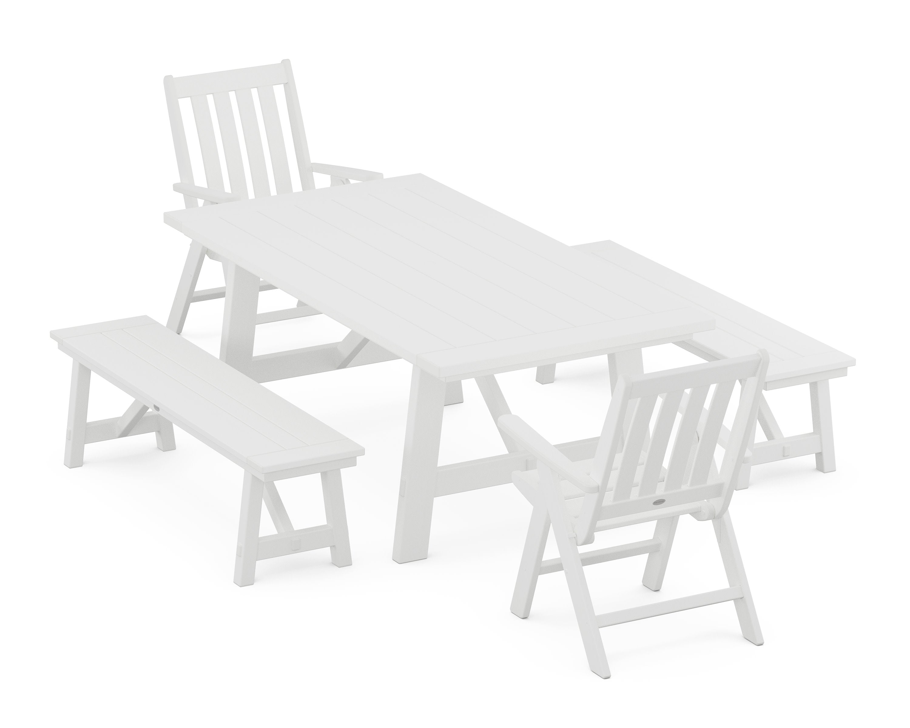 Vineyard Folding Chair 5-Piece Rustic Farmhouse Dining Set With Benches in White