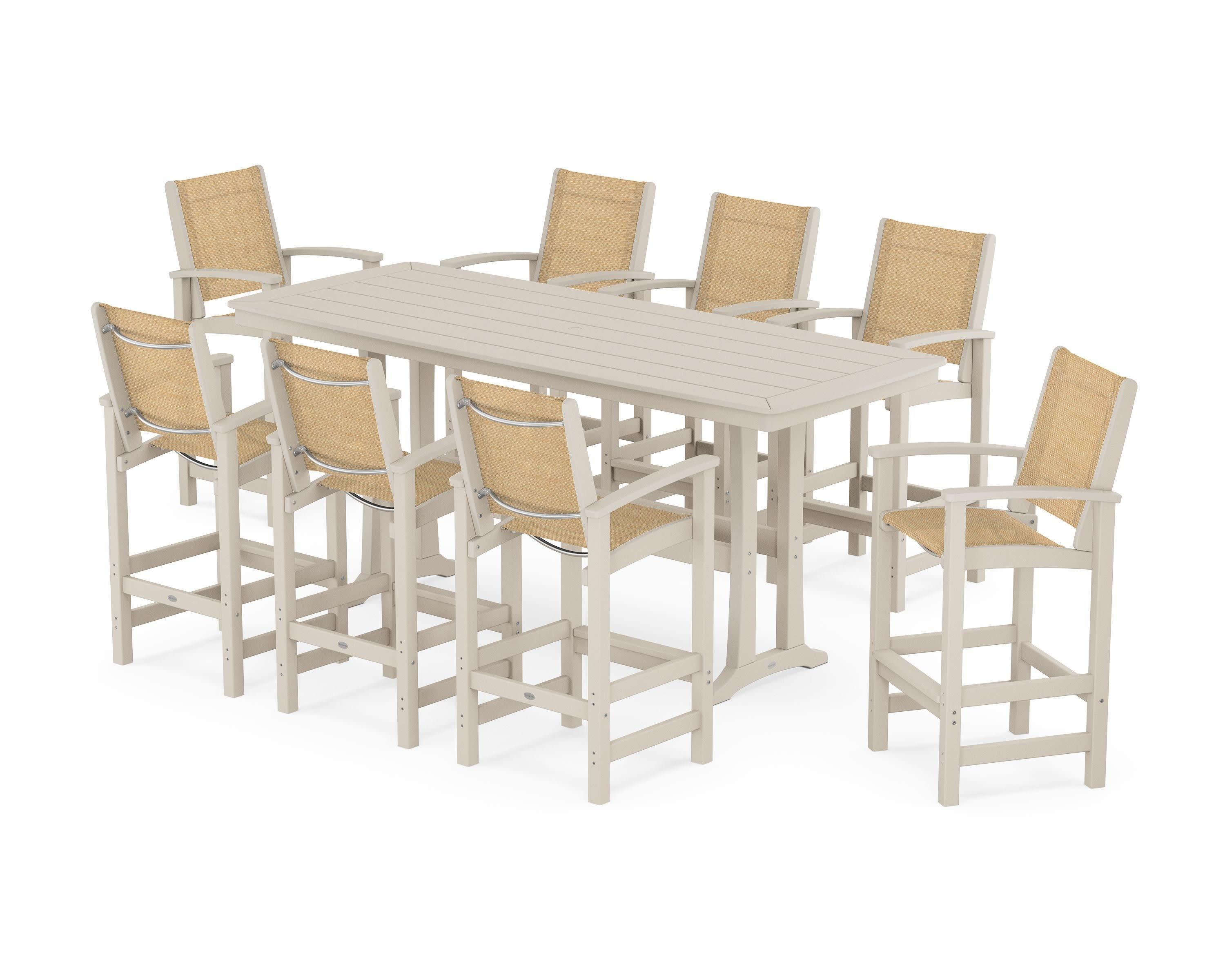Coastal 9-Piece Bar Set with Trestle Legs in Sand / Dupioni Apricot Sling