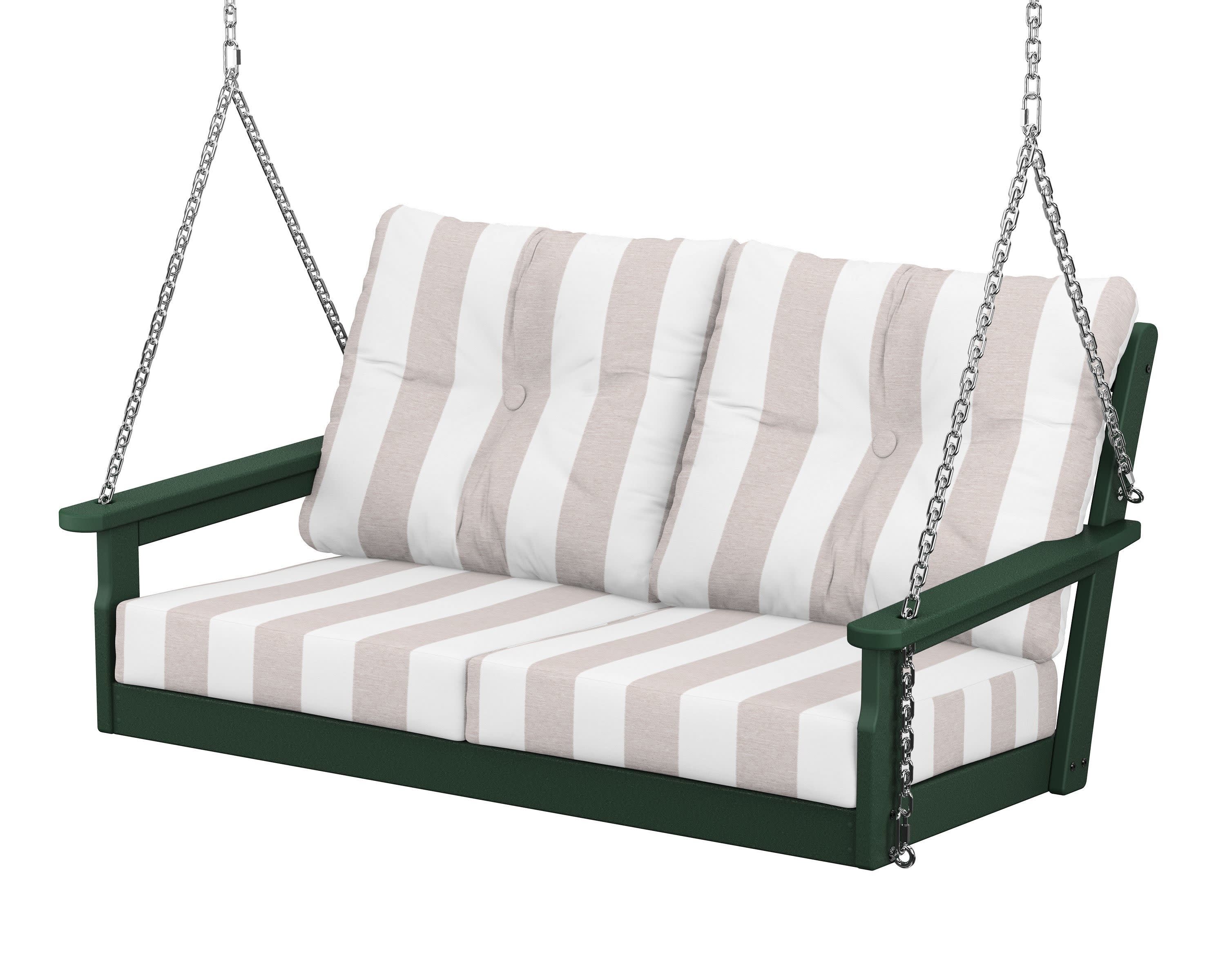 Vineyard Deep Seating Swing in Green / Cabana Stripe Dune Burlap