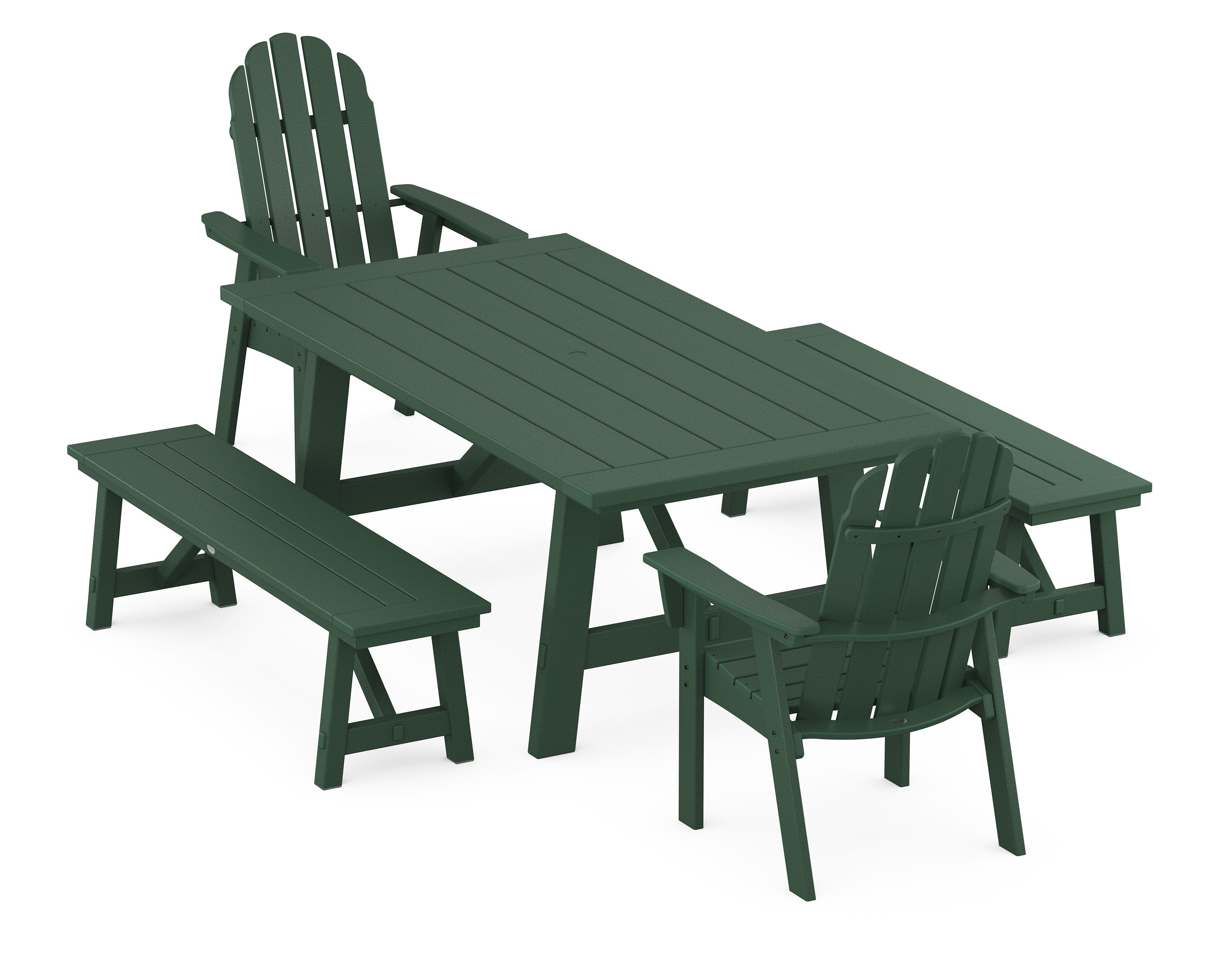 Vineyard Curveback Adirondack 5-Piece Rustic Farmhouse Dining Set With Benches in Green