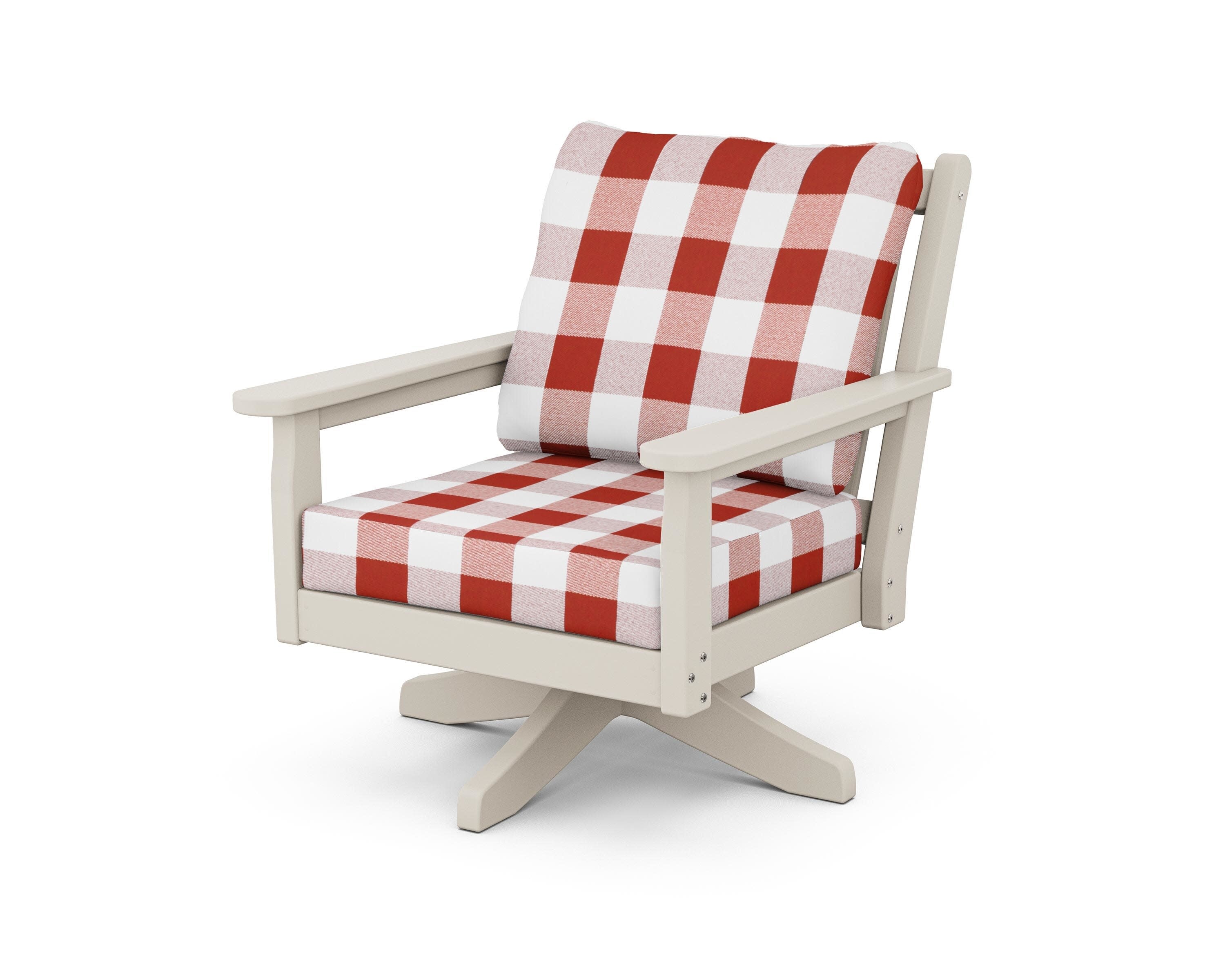 Chippendale Deep Seating Swivel Chair in Sand / Buffalo Plaid Crimson