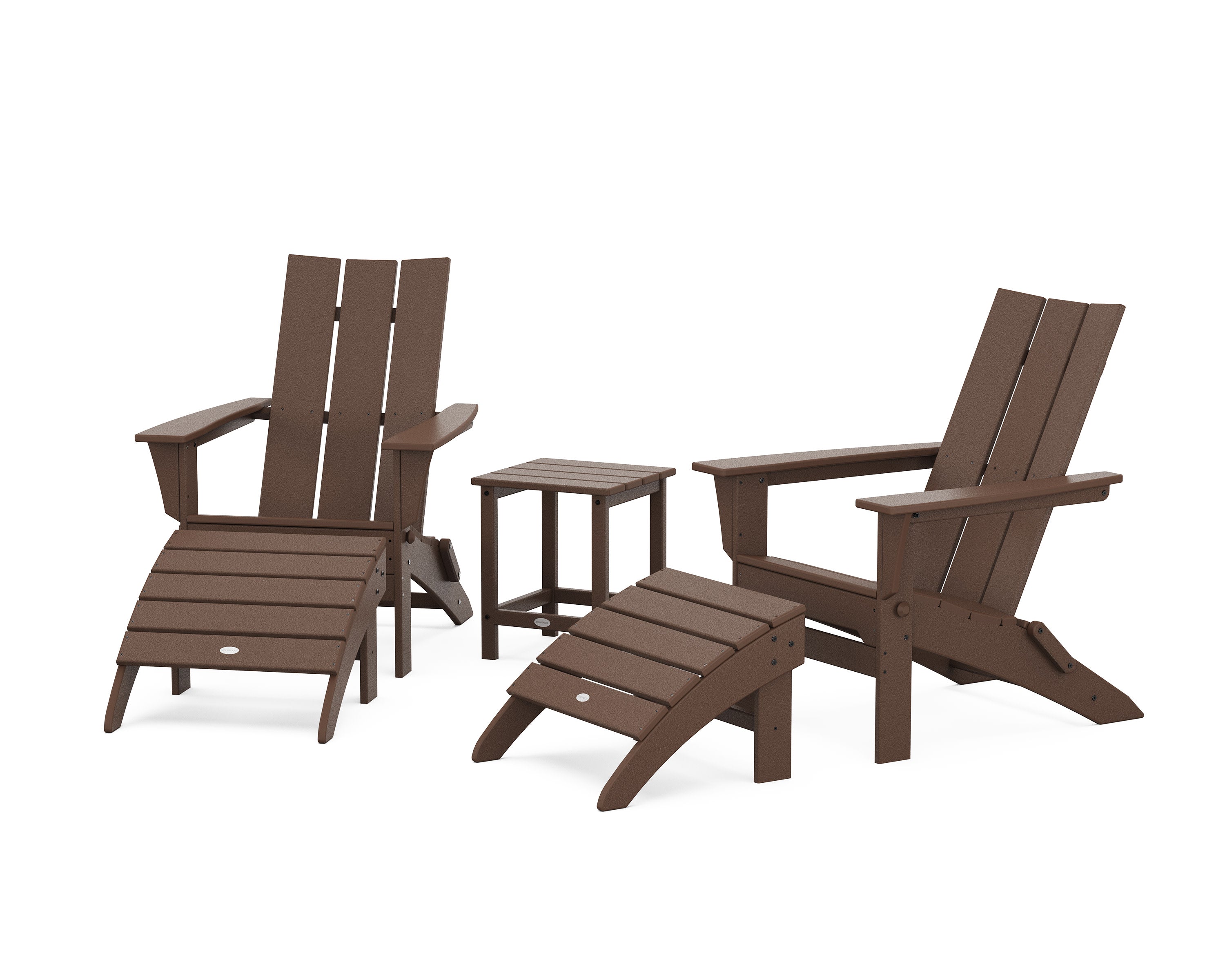 Modern Folding Adirondack Chair 5-Piece Set with Ottomans and 18" Side Table in Mahogany