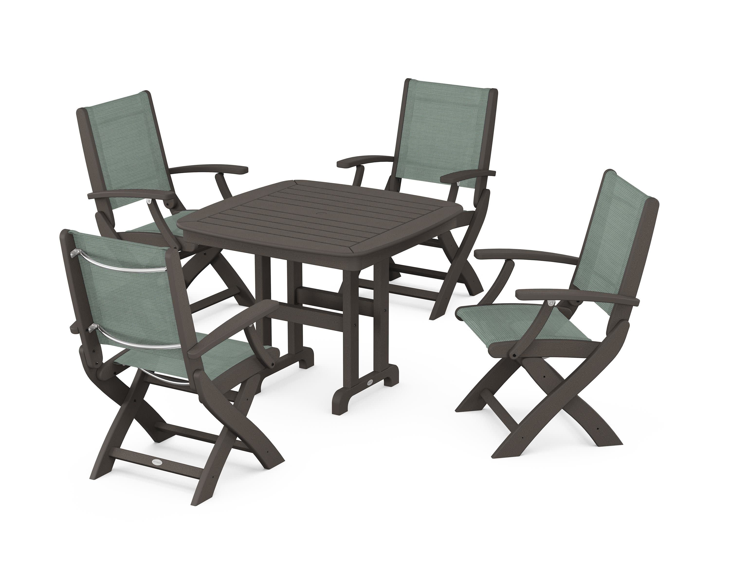 Coastal Folding Chair 5-Piece Dining Set in Vintage Coffee / Dupioni Sea Mist Sling