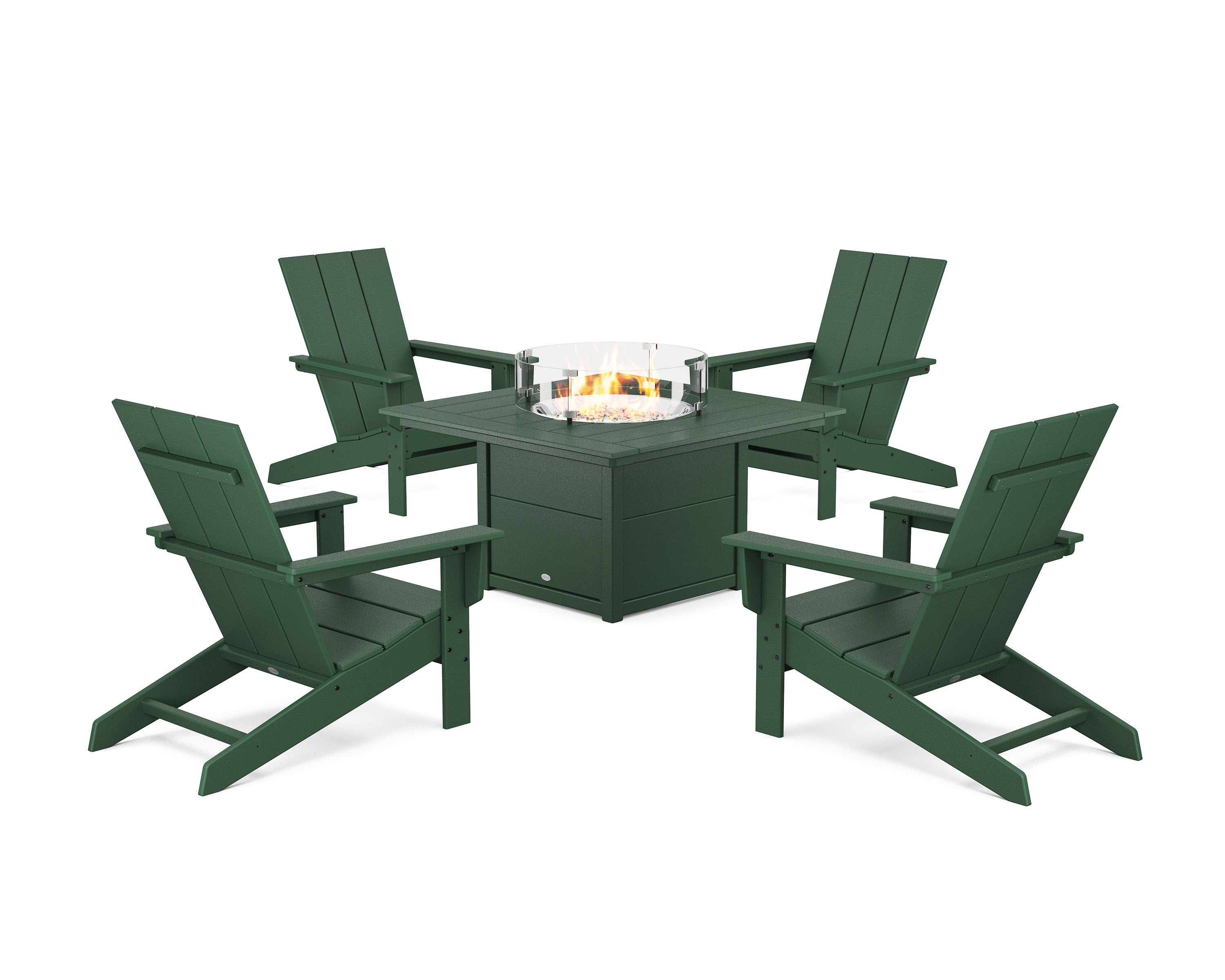5-Piece Modern Studio Adirondack Conversation Set with Fire Pit Table in Green
